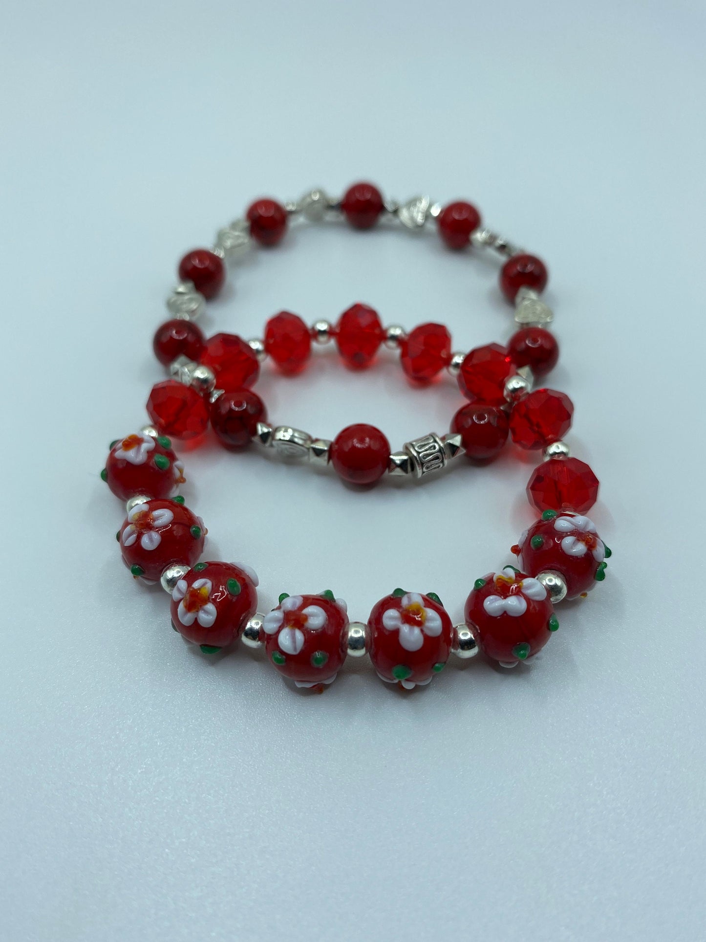 Red Floral Lampwork Glass Bead Bracelet: Red Crystal Handmade Jewelry