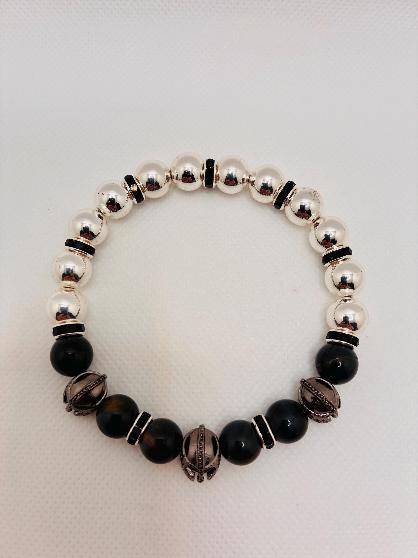 Mens Spartan Helmet Bracelet: Silver Hematite & Obsidian Gemstone Beads, Medieval Jewelry