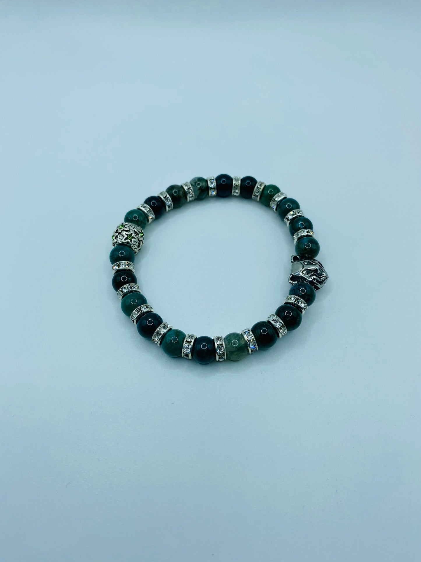 Mens Moss Agate Beaded Bracelet with Stainless Steel Bear Charm