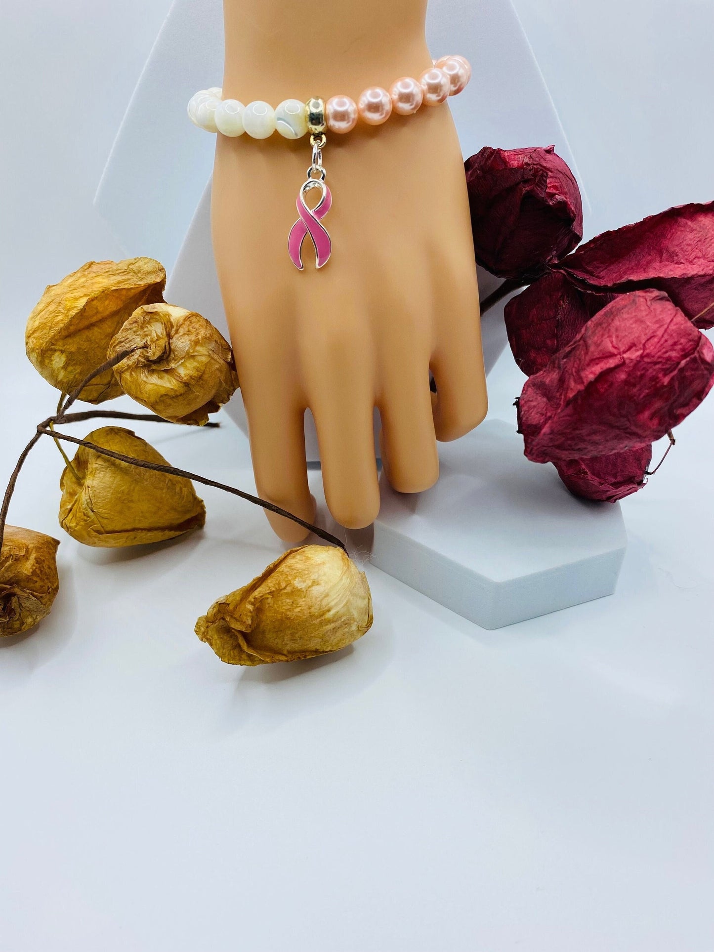 Mother of Pearl Breast Cancer Awareness Bracelet with Pink Ribbon Charm