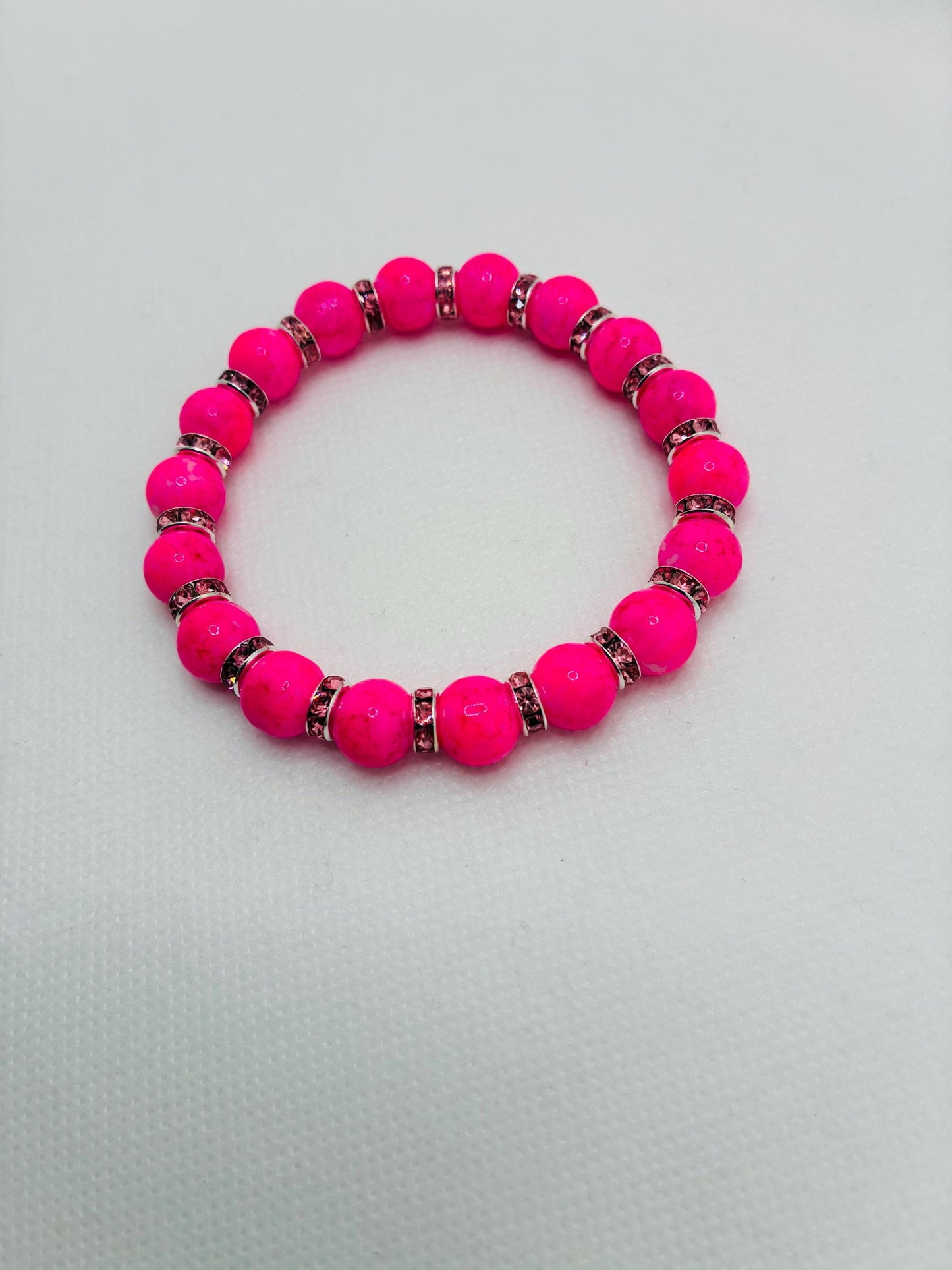 Hot Pink Crystal Glass Bead Bracelet with Silverplated Pink Rhinestone Rondelles