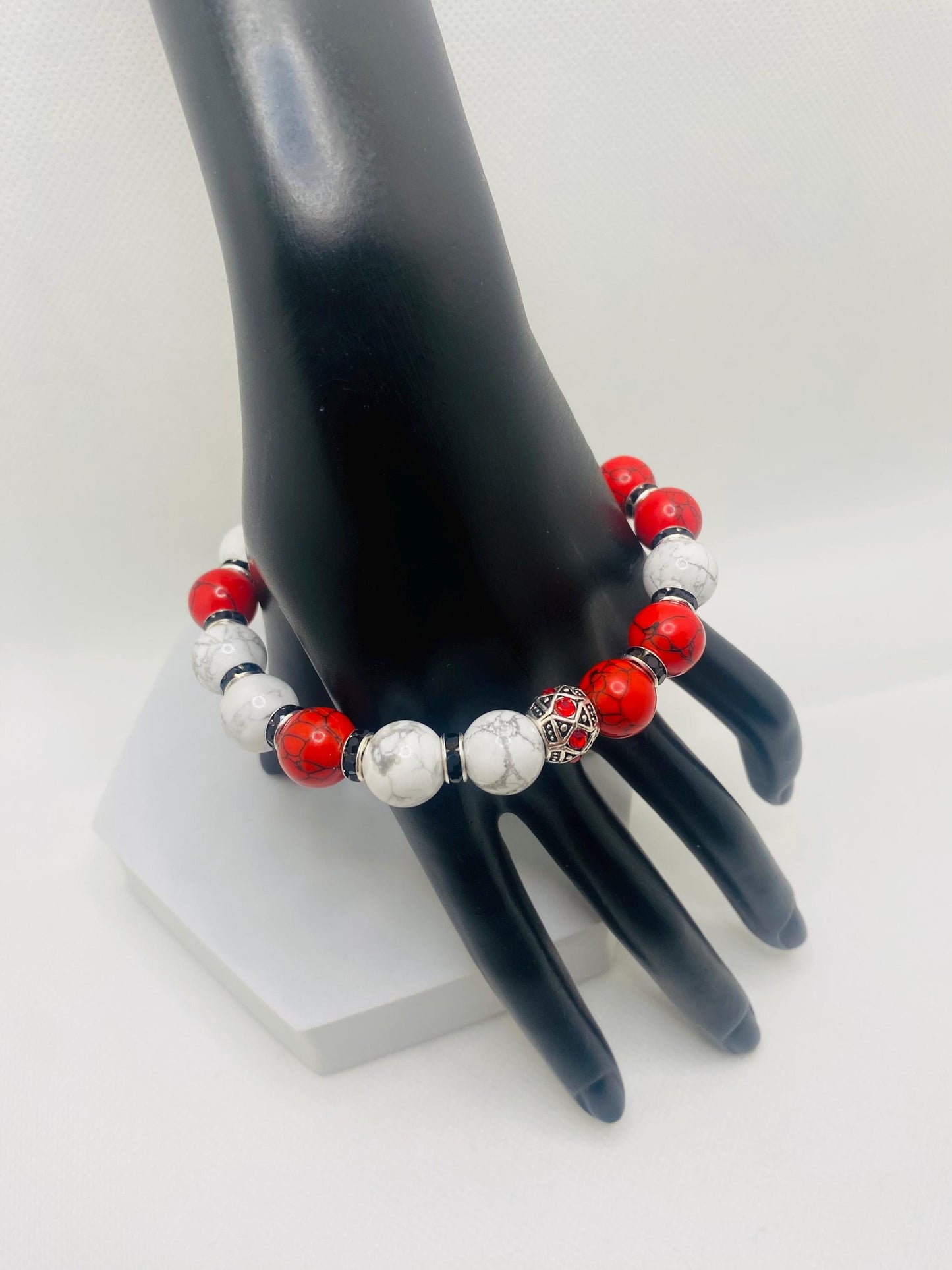 Mens Red Turquoise & Howlite Beaded Bracelet: Silver Rhinestone Charm