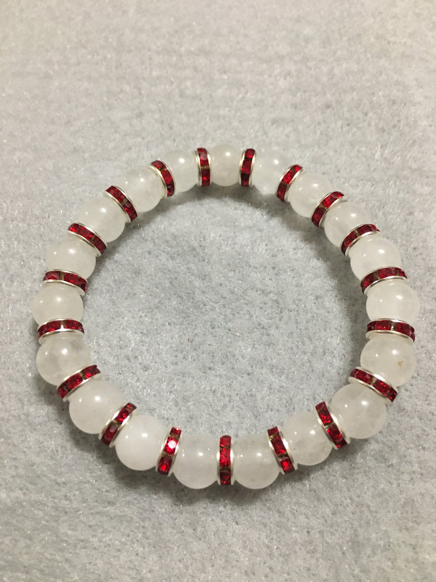 White Jade Bracelet with Red Rhinestone Rondelles