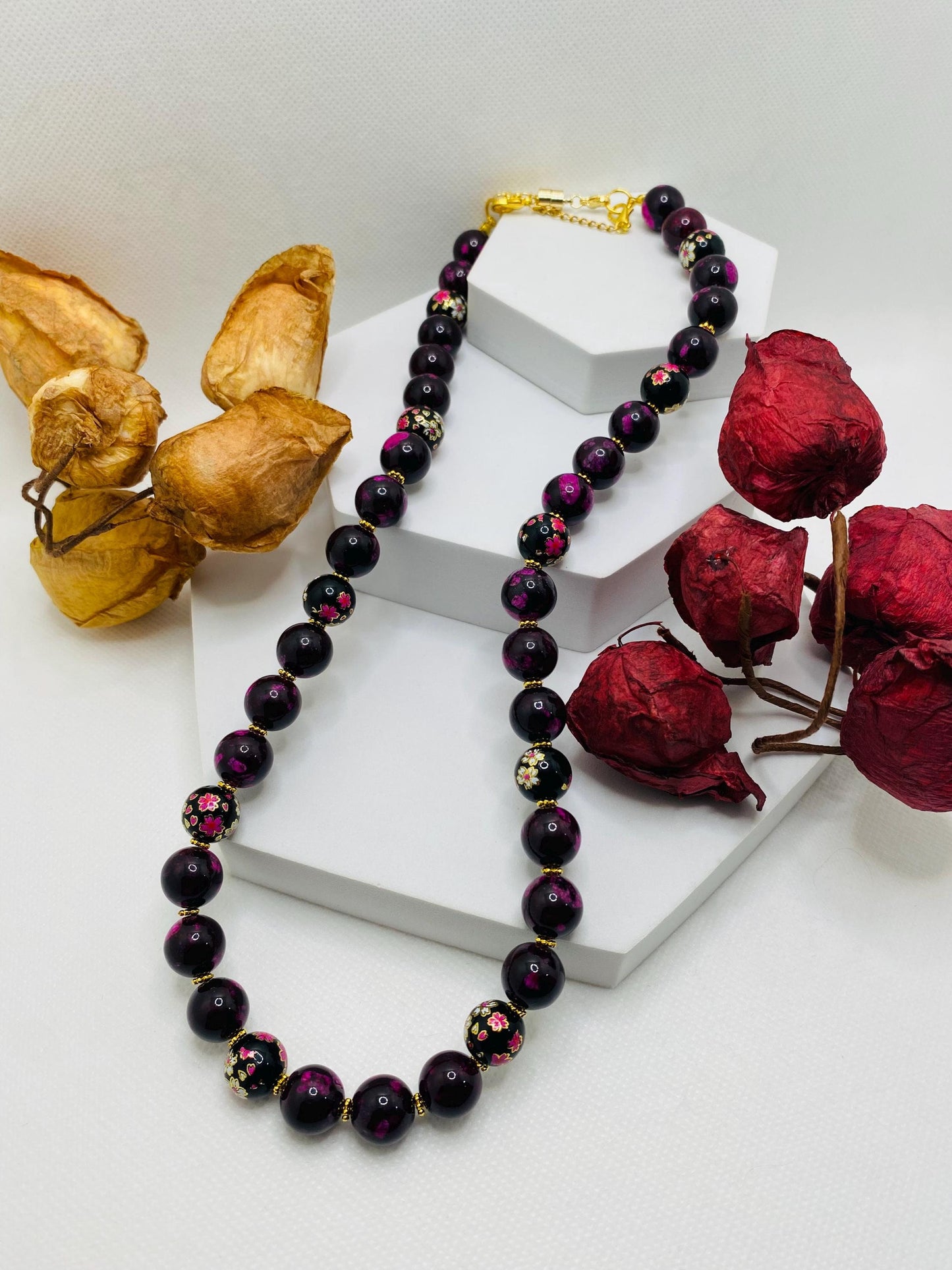 Dark Red Jasper Beaded Necklace: Floral Glass & Gold Accents