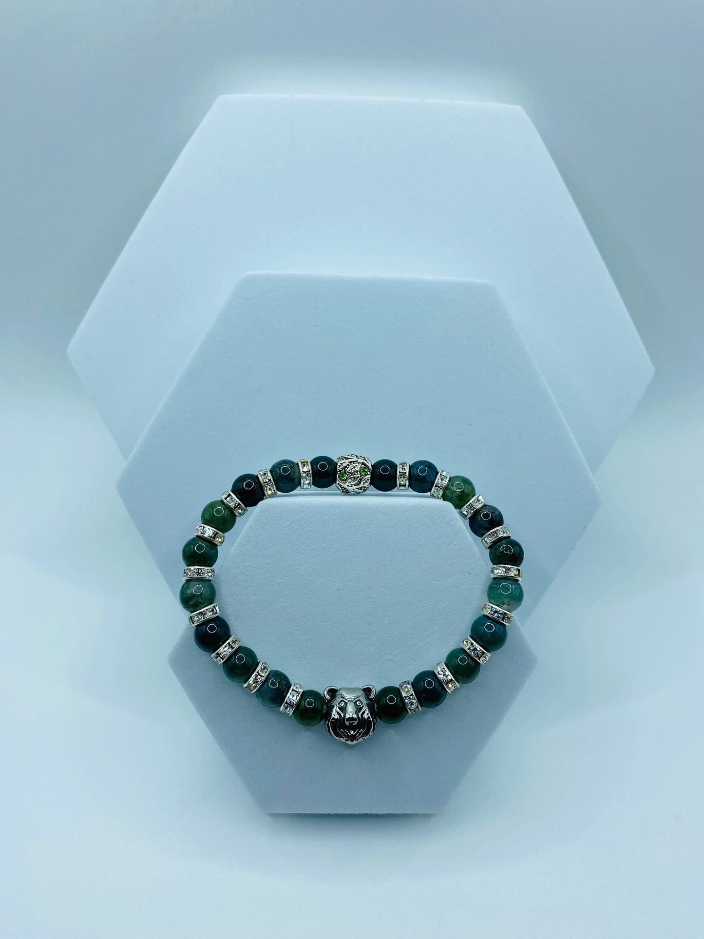 Mens Moss Agate Beaded Bracelet: Bear Charm, Rhinestone Spacers