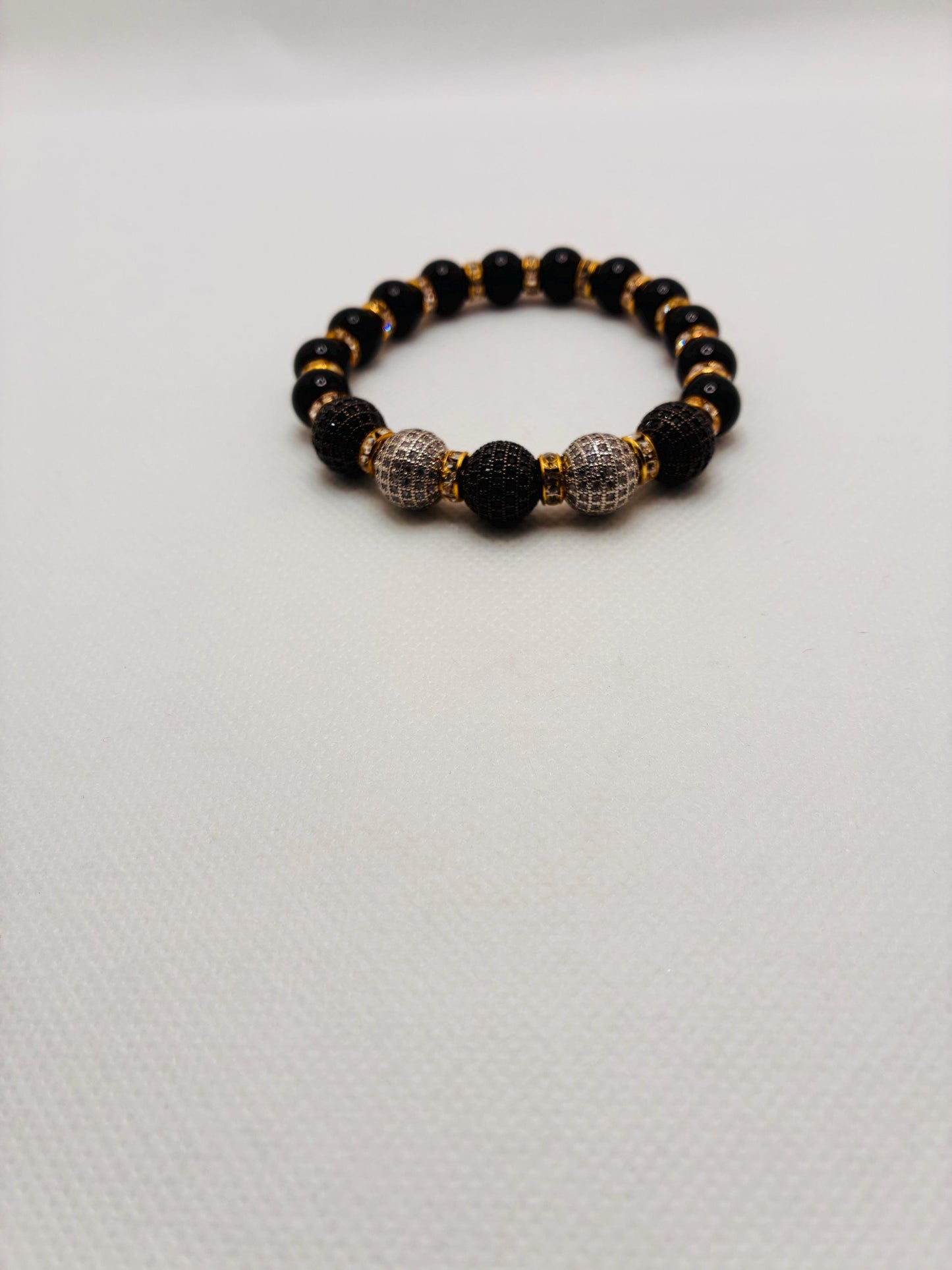 Black Onyx Bracelet with Brass Rhinestone & Zirconia Beads: Gold Plated Rondelles