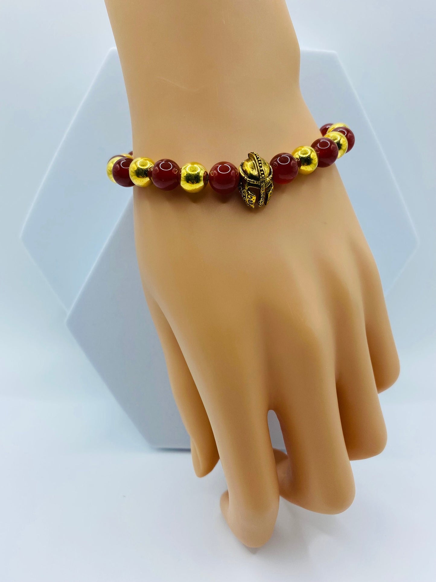 USC Trojans Bracelet: Red Carnelian & Gold Spartan Helmet Beaded Bracelet