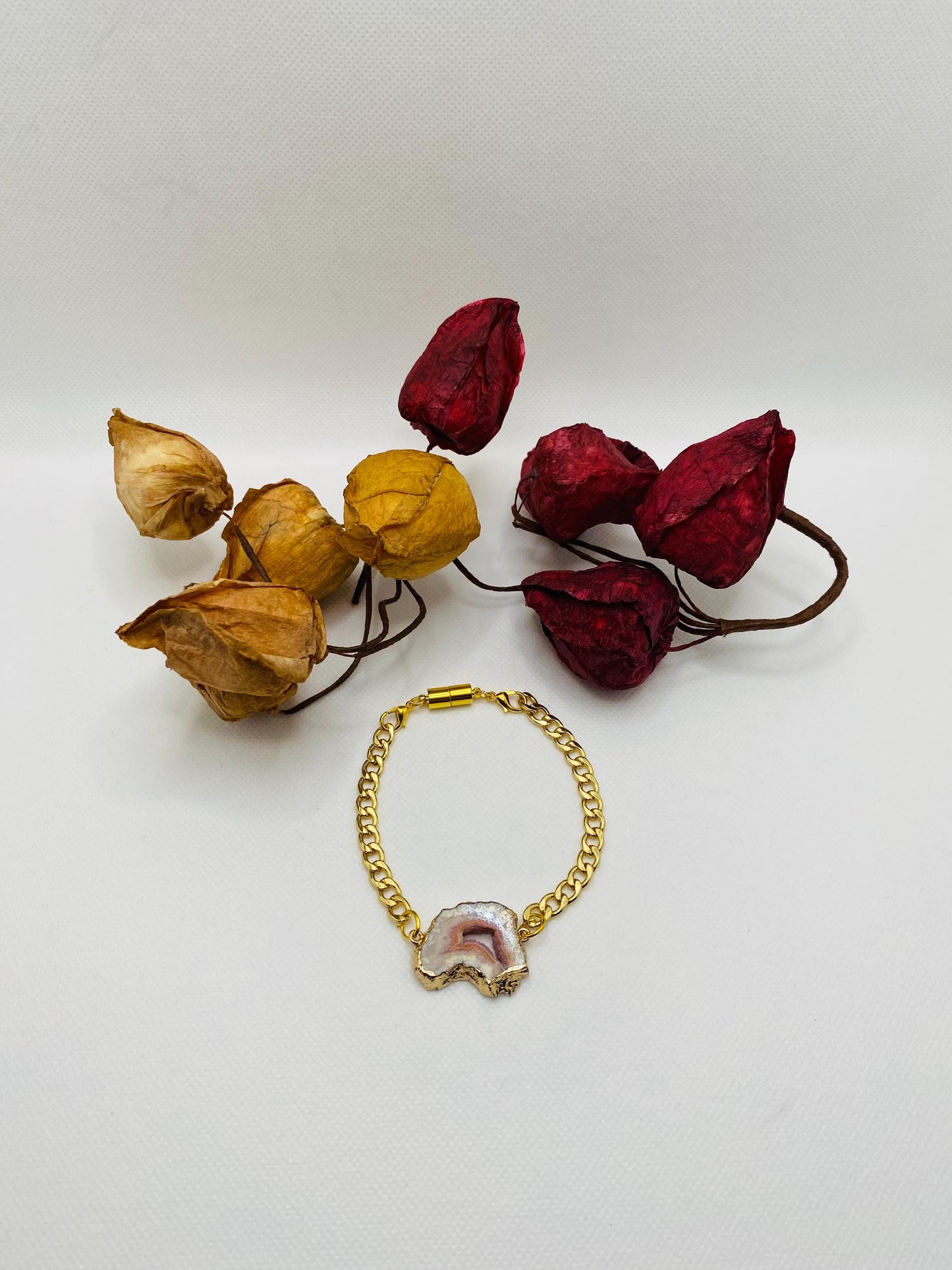 Handmade 18k Gold Cuban Link Bracelet: Geode Agate Gemstone, Magnetic Clasp