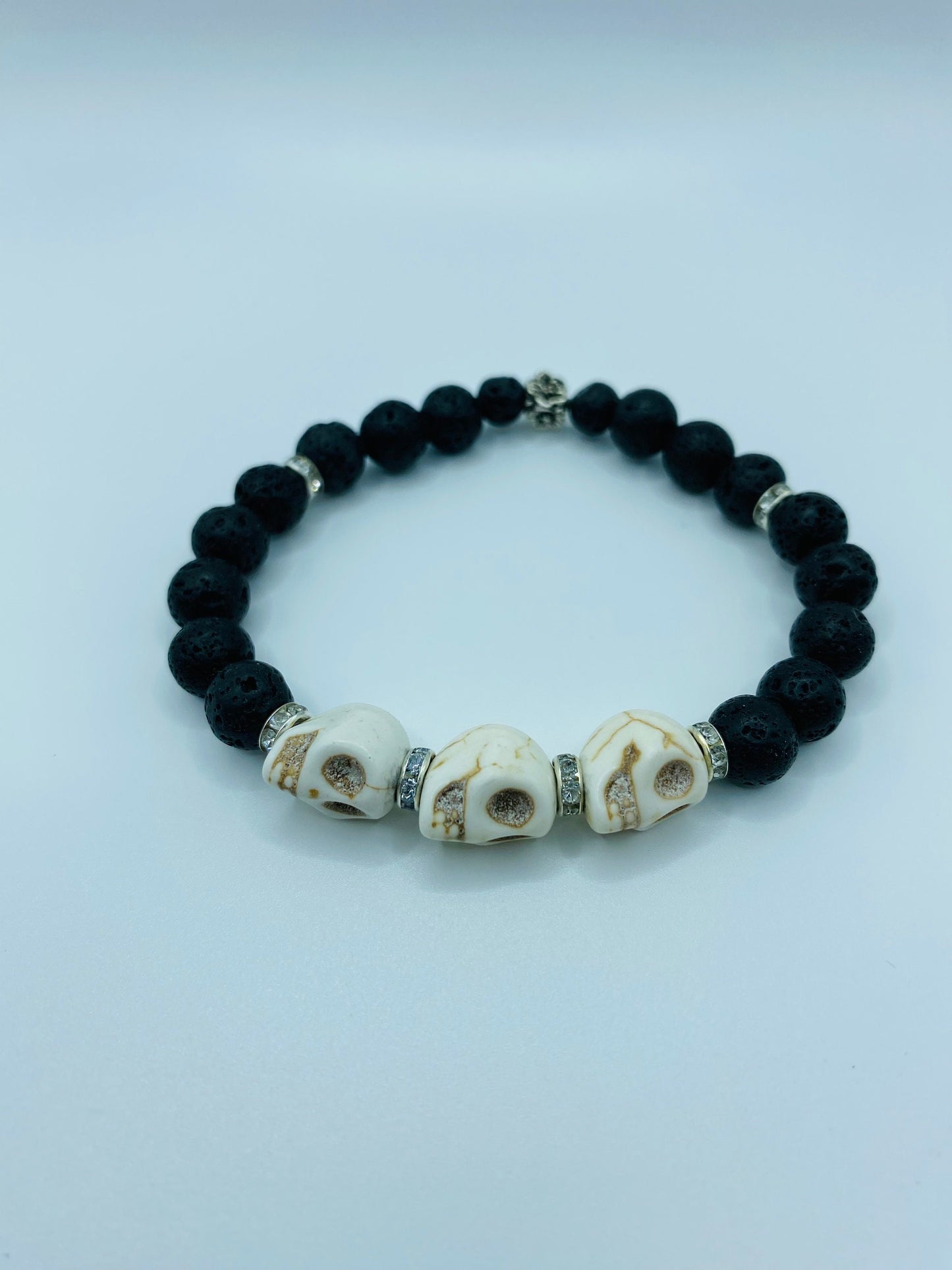Day of the Dead Lava Rock Bracelet, White Skull Beads & Metal flowers - Dia de Los Muertos - Gift for Him