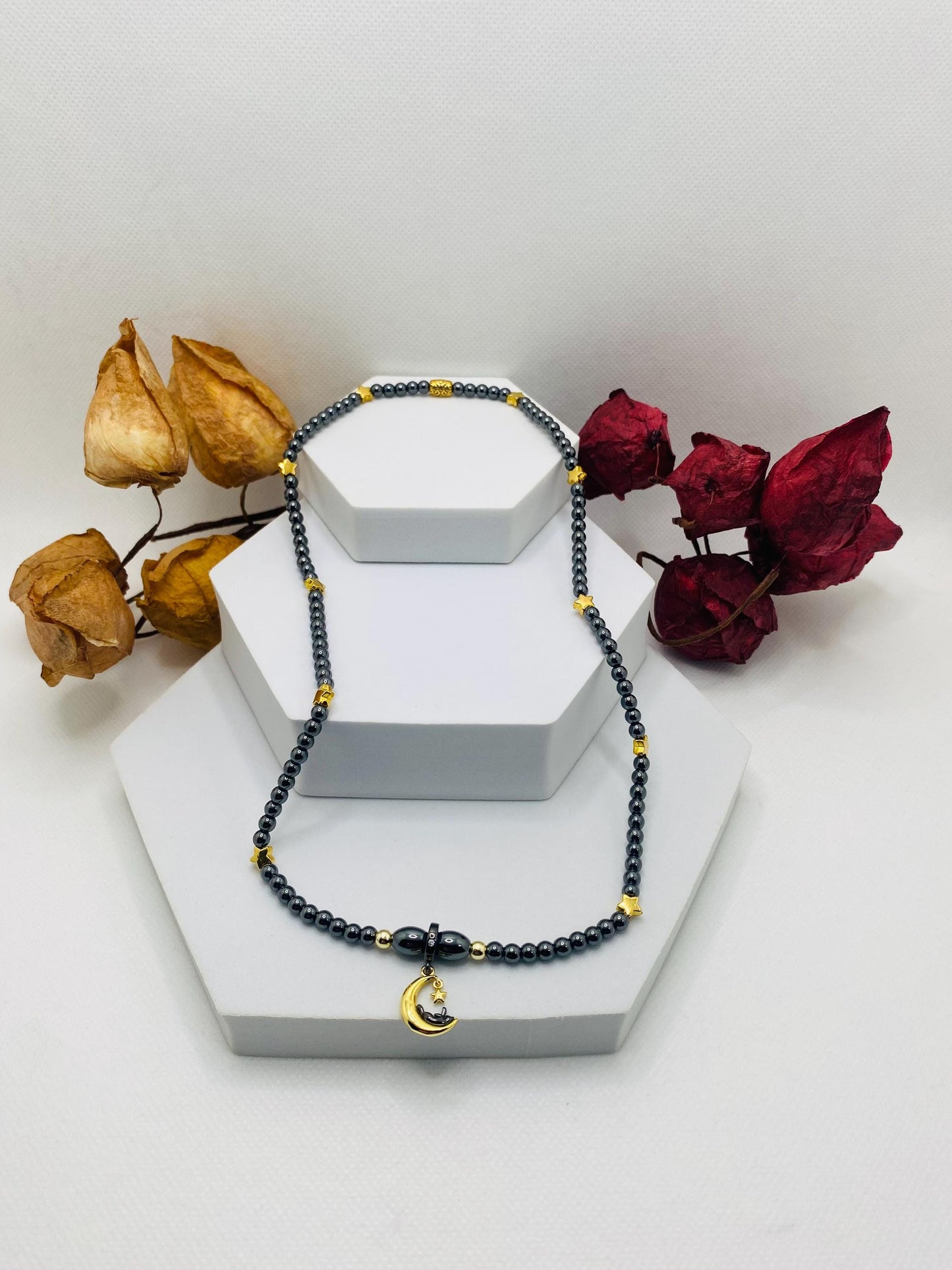 Celestial Hematite Necklace: Gold Star, Moon & Cat Charm
