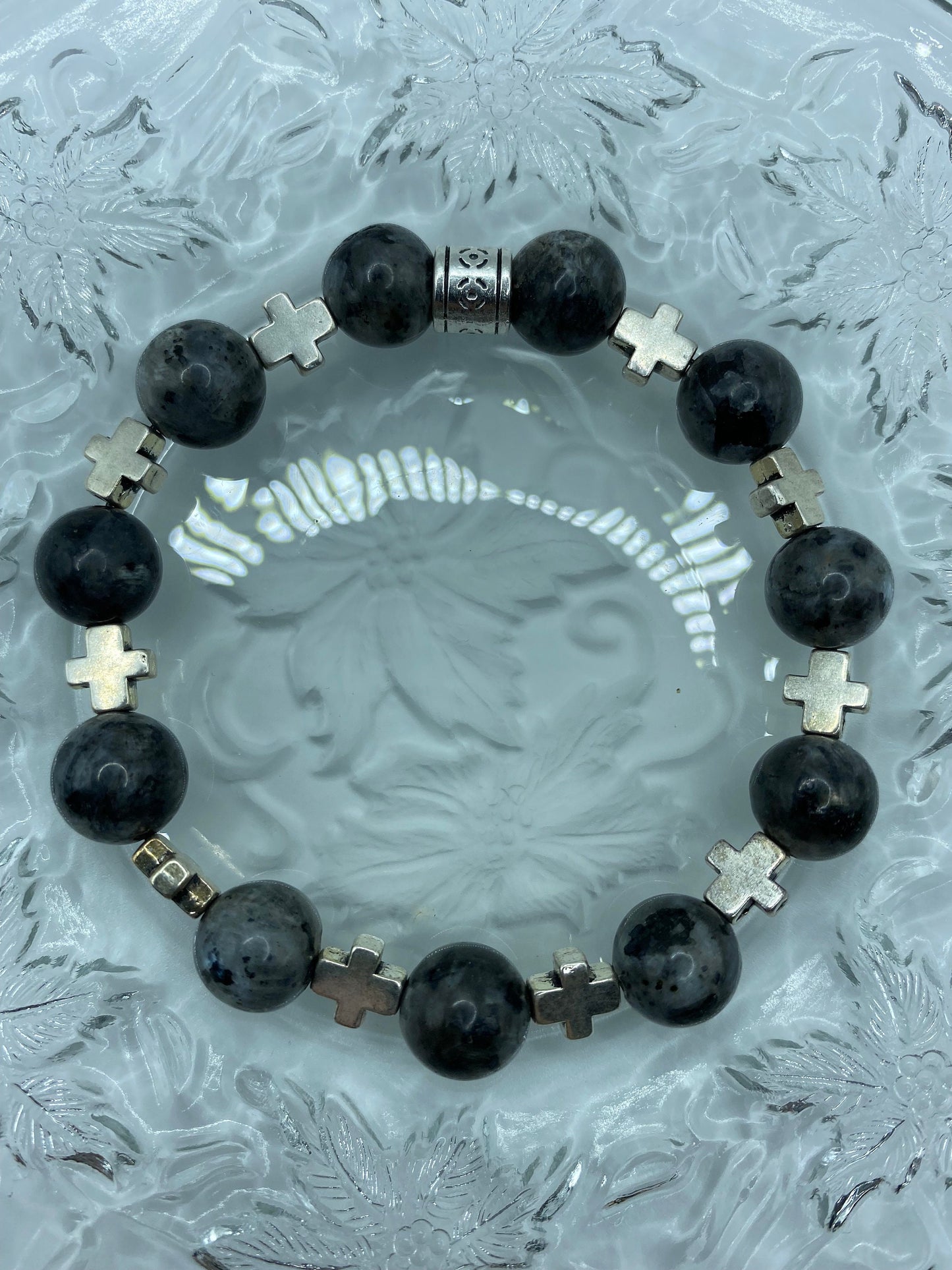 Mens Labradorite Beaded Bracelet with Silver Cross Charms