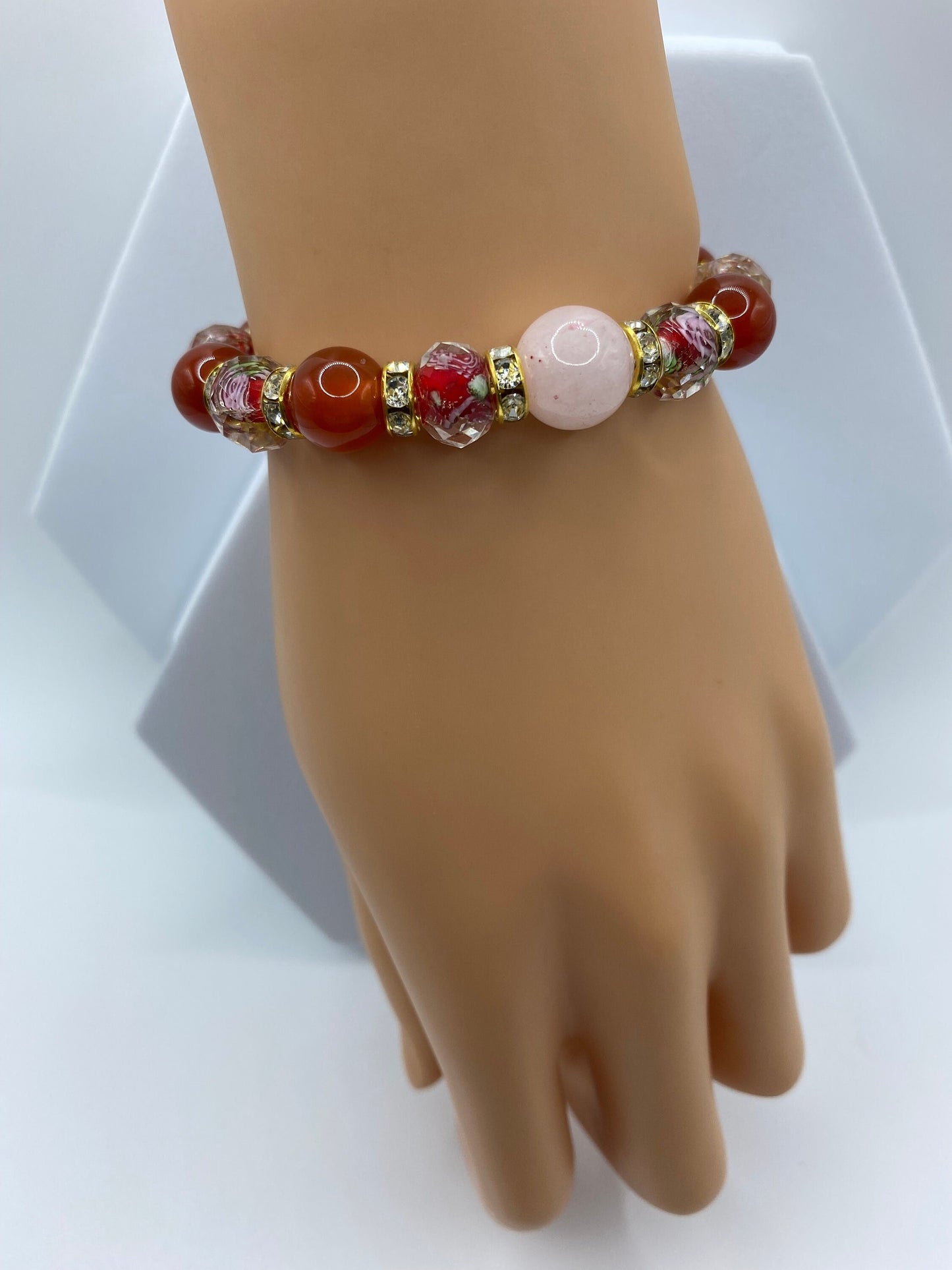 Rose Quartz Bracelet: Red Carnelian, Lampwork Floral Glass Beads