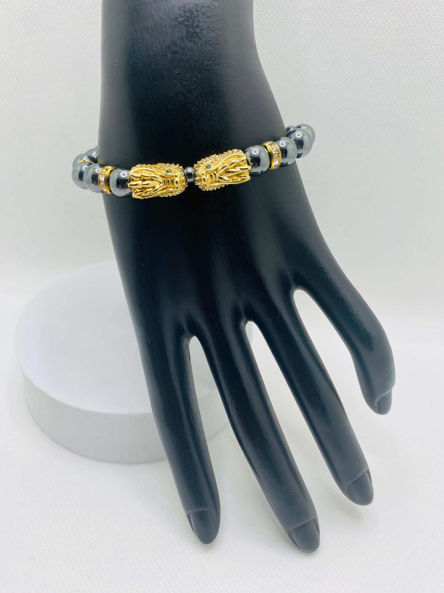Hematite Dragon Bracelet: Gold Plated Charm, Rhinestone Spacers