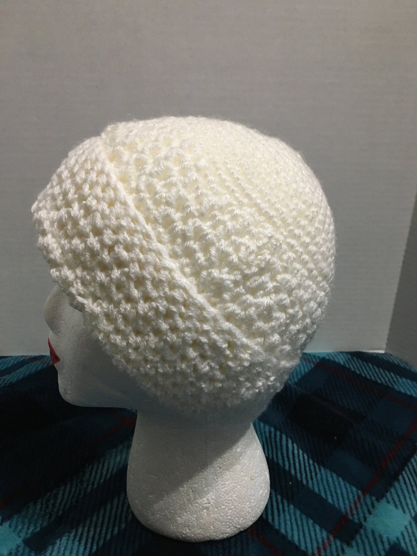 Handmade Crochet Slouchy Beanie: White Acrylic Hat with Flower