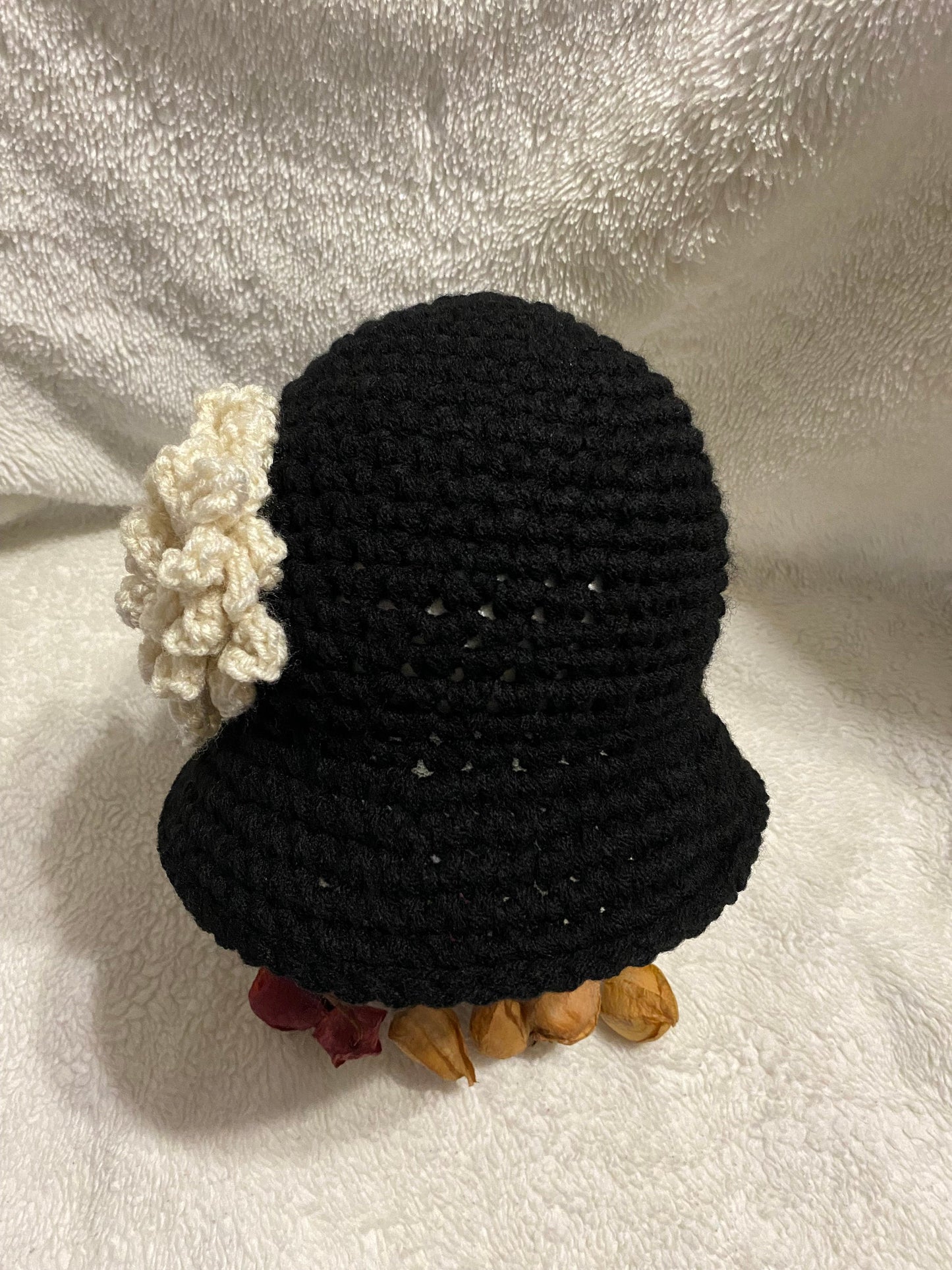Black Crochet Bucket Hat: White Flower Accent, Handmade Acrylic