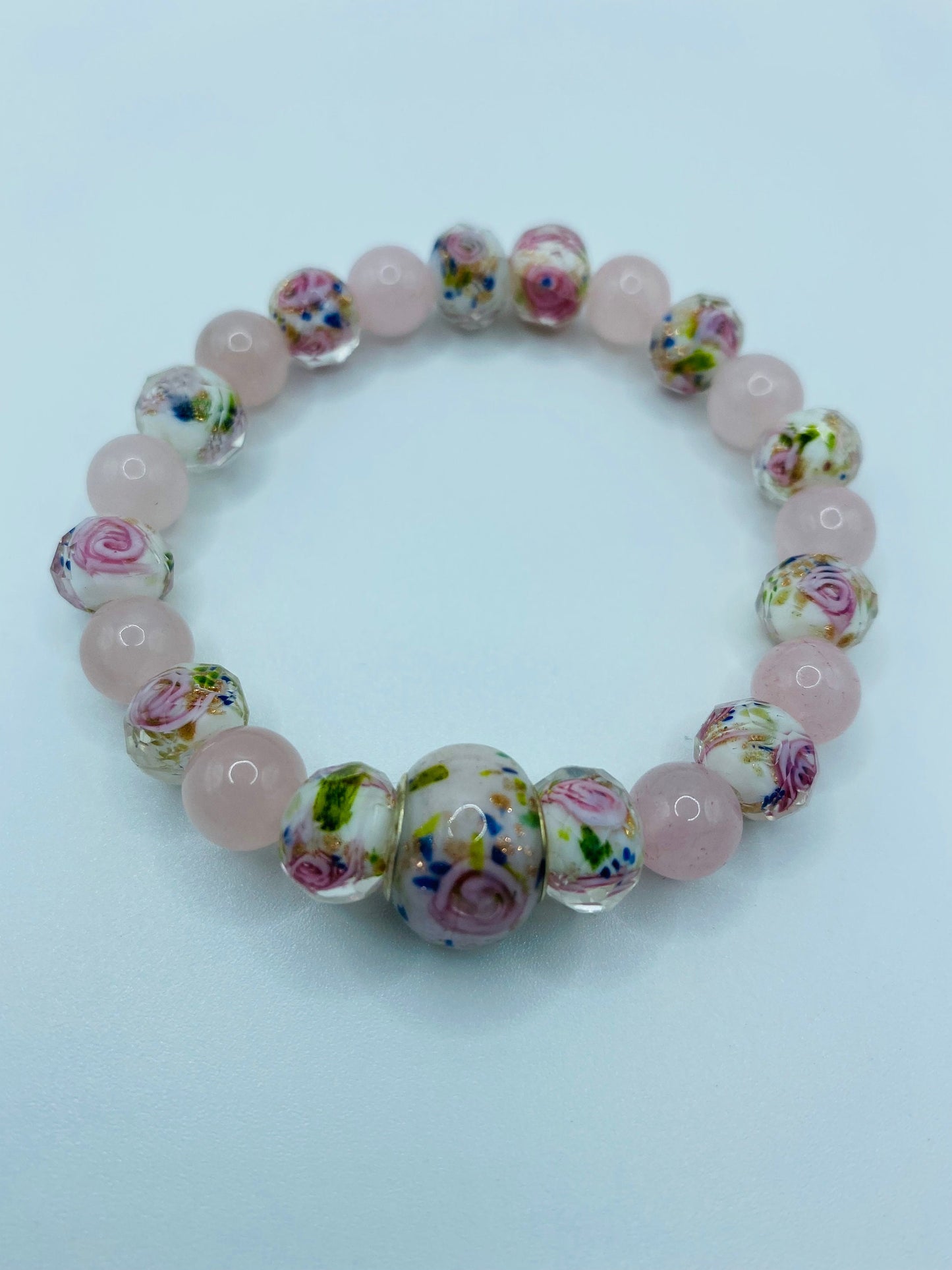 Rose Quartz Bracelet with Lampwork Floral Glass Beads