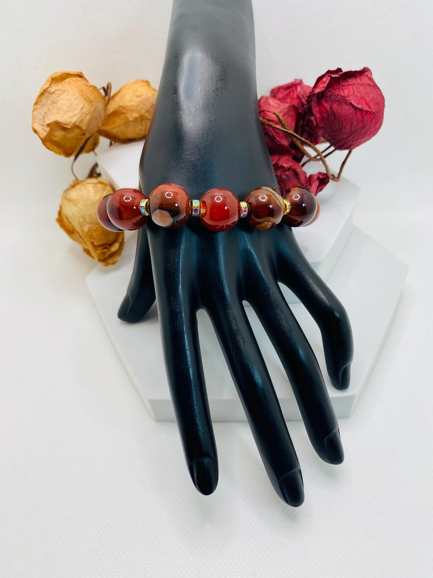 Chunky Dream Agate Bracelet: Rhinestone Rondelle Spacers, Handmade Jewelry