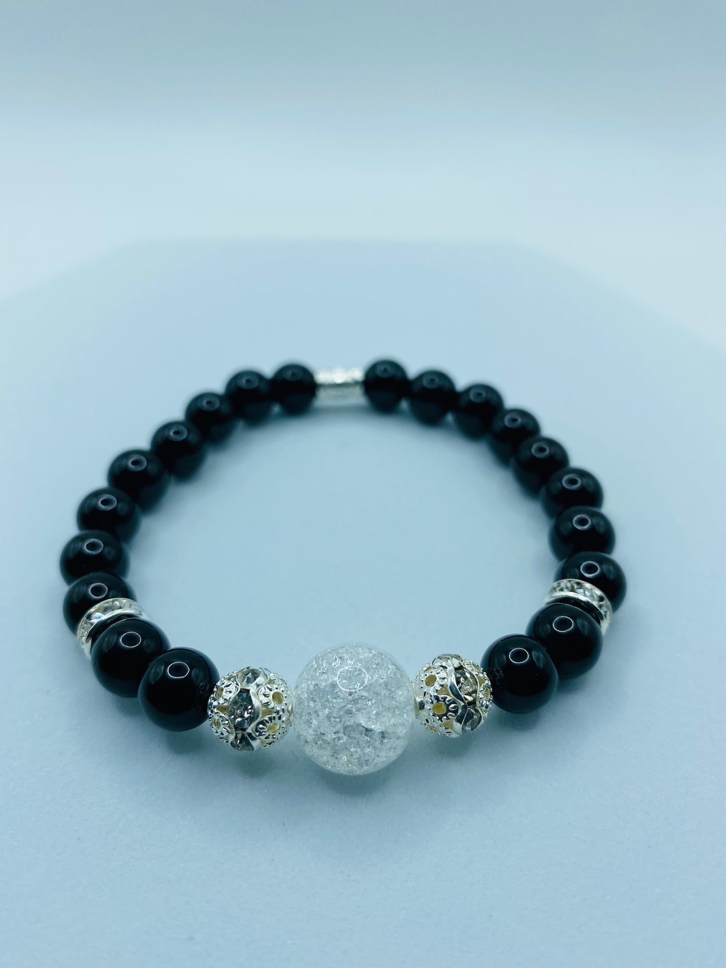 Handmade Black Onyx Bracelet: Crackle Quartz Crystal, Silver Accents