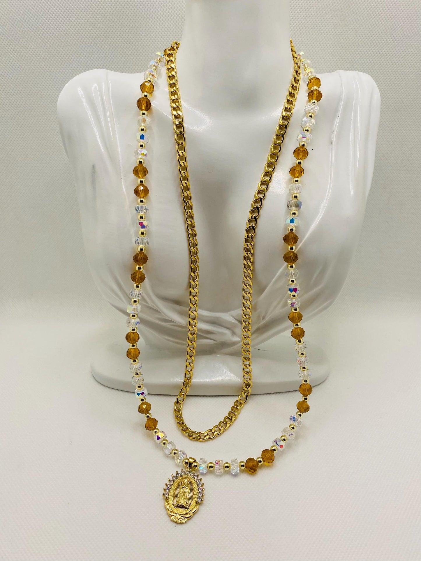 Virgin Mary Necklace: Gold Cuban Link Chain, Crystal Beads Religious Jewelry