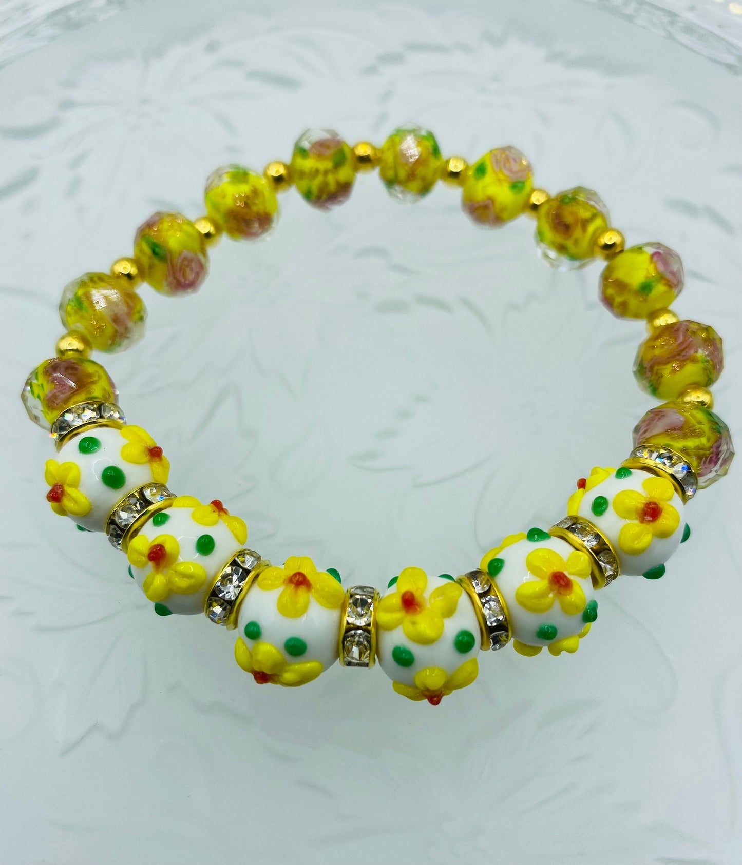 Yellow Flower Lampwork Glass Bead Bracelet: Rhinestone Rondelles