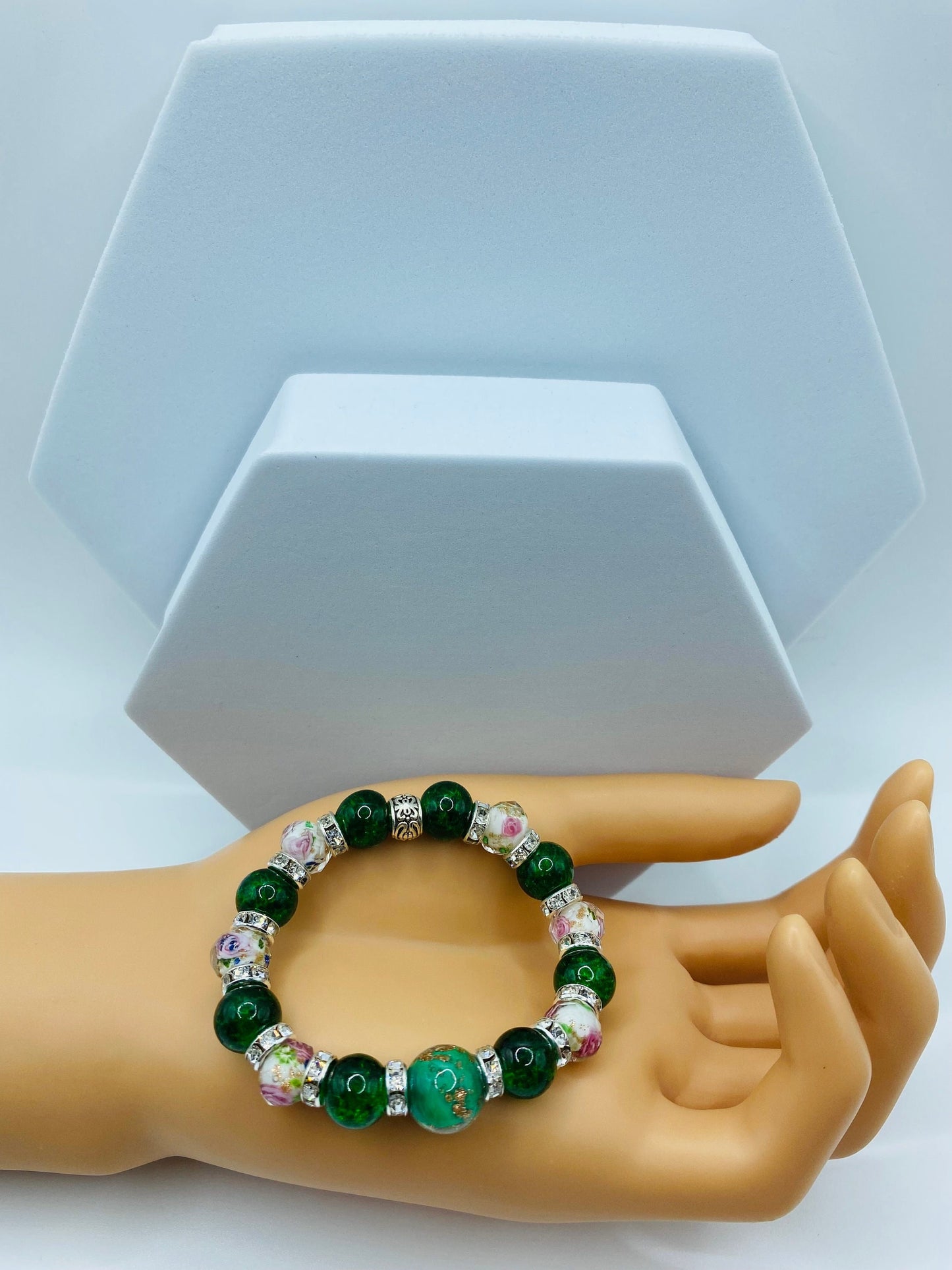 Lampwork Flower Bead Bracelet: Green Crystal, Rhinestone Accent
