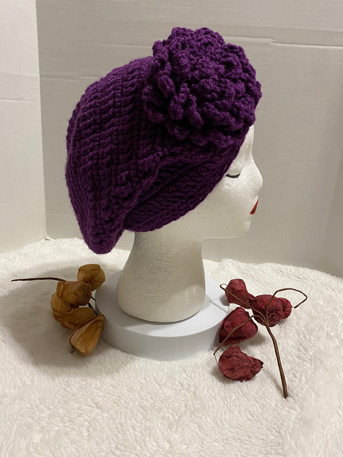 Handmade Crochet Hat with Flower: Purple Acrylic Beanie