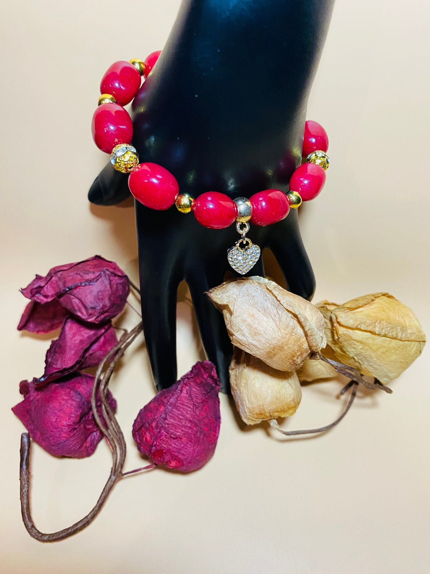 Red Jade Beaded Bracelet: Rhinestone Heart Pendant, Gold Accents
