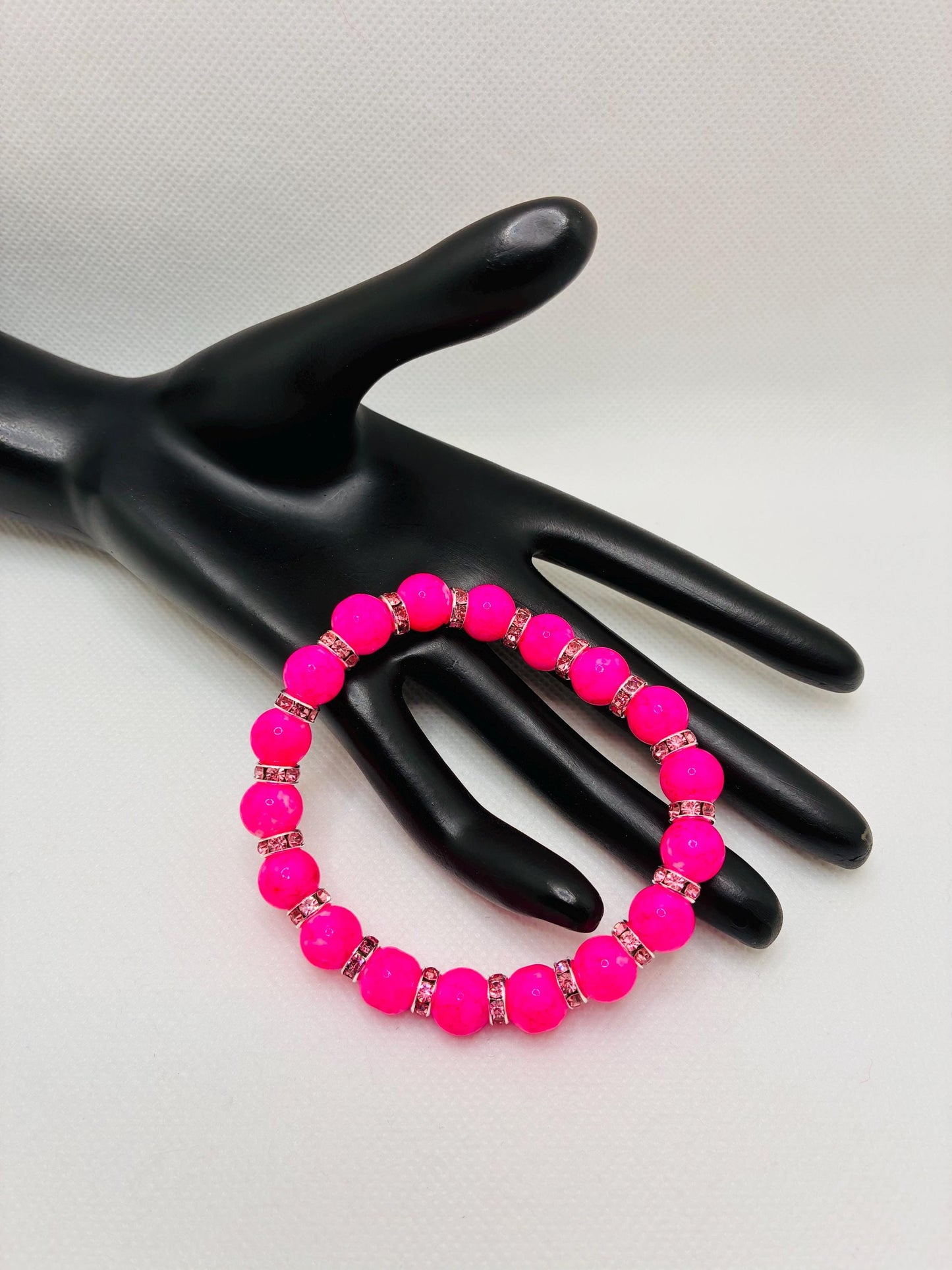 Hot Pink Crystal Glass Bead Bracelet with Silverplated Pink Rhinestone Rondelles