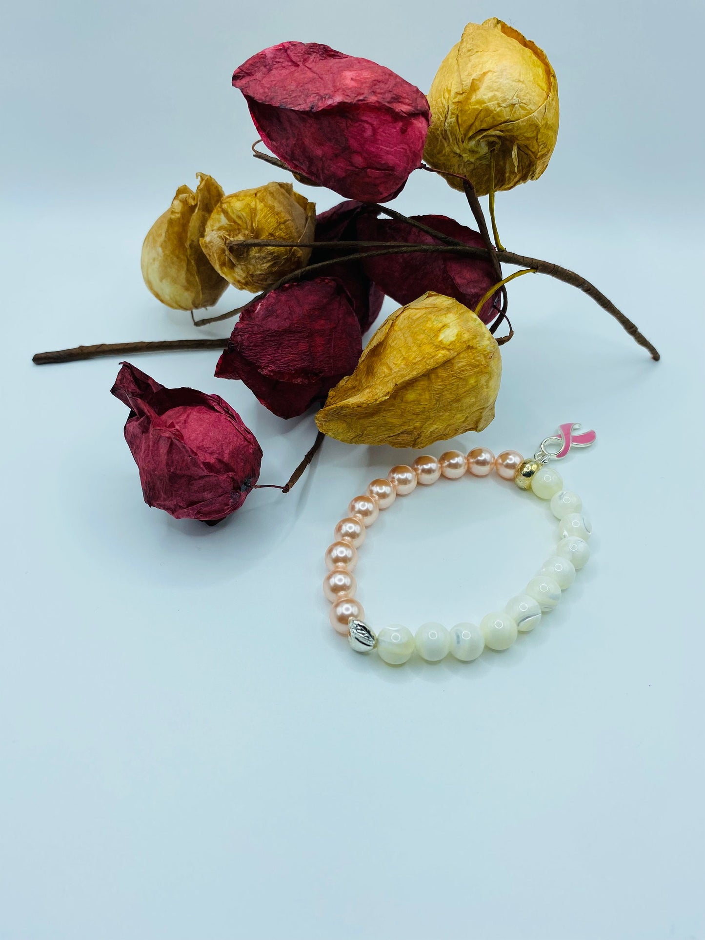 Mother of Pearl Breast Cancer Awareness Bracelet with Pink Ribbon Charm