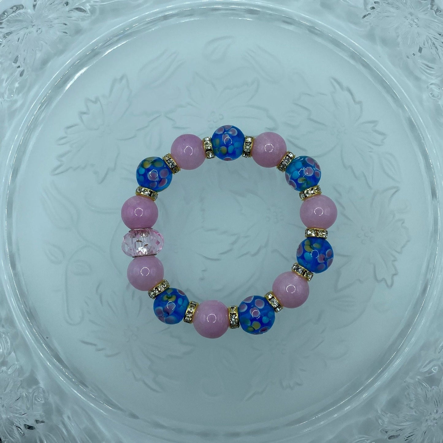Lavender Jade Bracelet: Blue Floral Lampwork Glass & Crystal