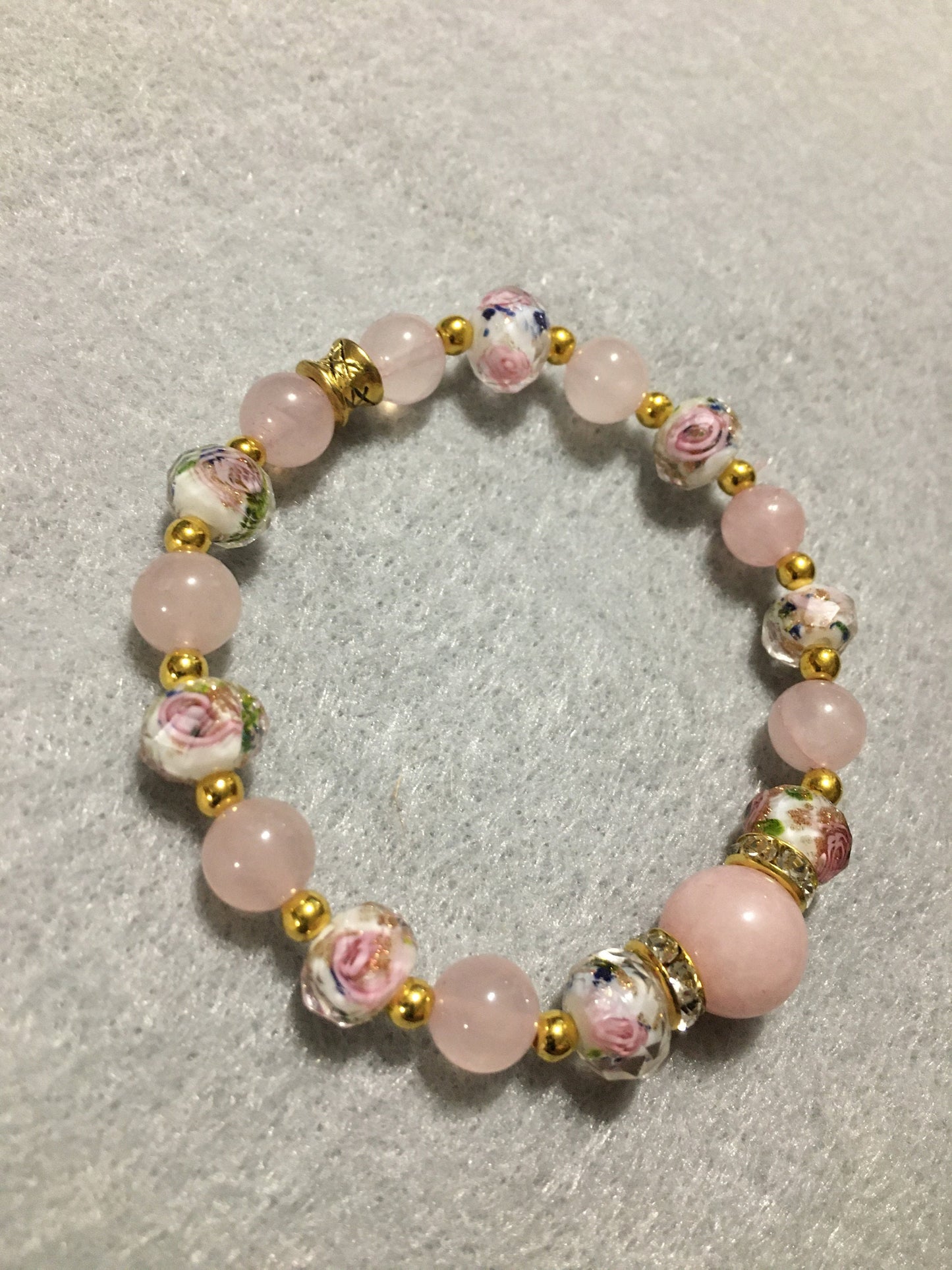 Handmade Rose Quartz Bracelet: Lampwork Floral Glass Beads