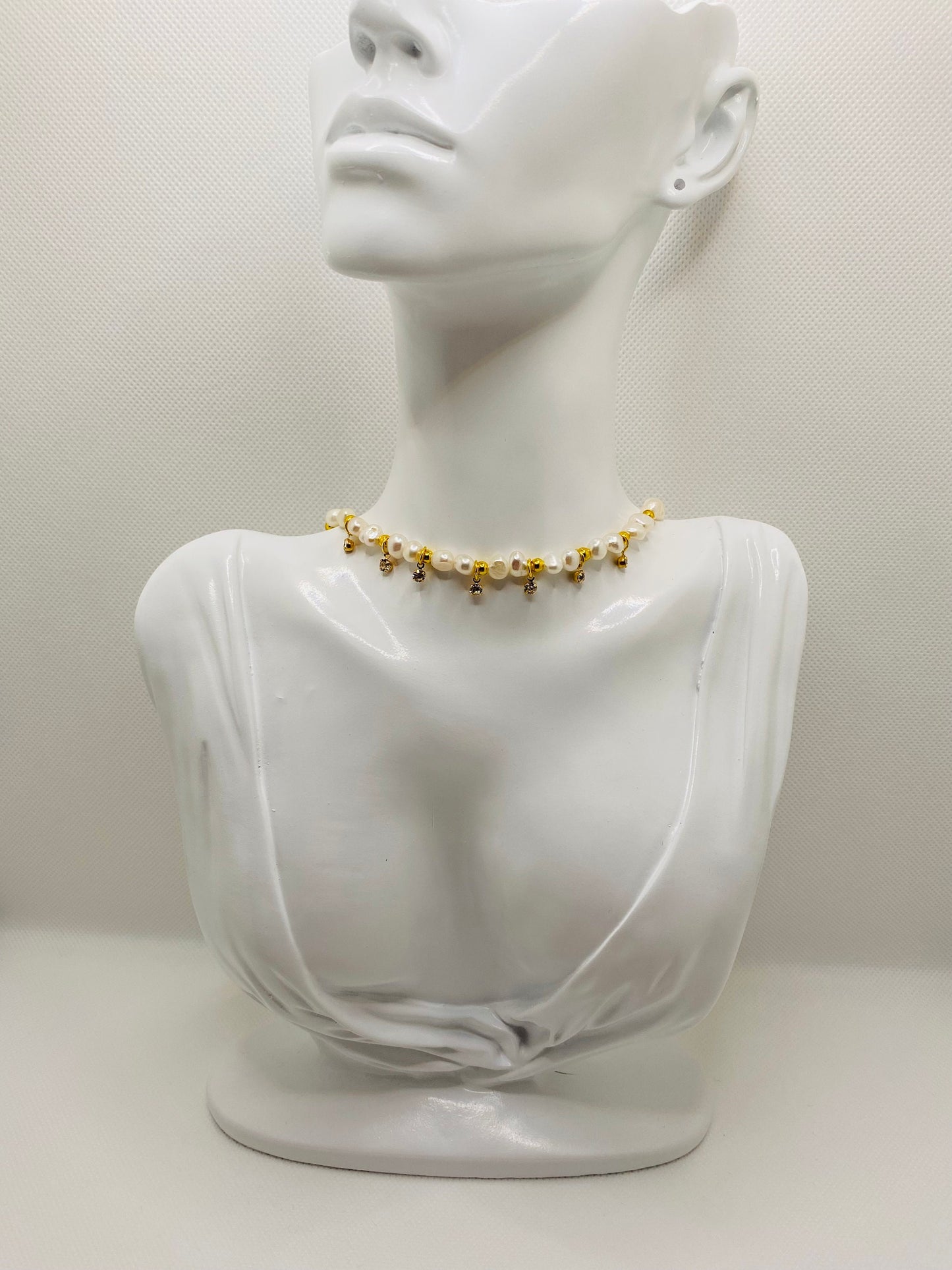 Baroque Pearl Necklace: 18k Gold Plated Hematite Beads, CZ Crystal Pendant