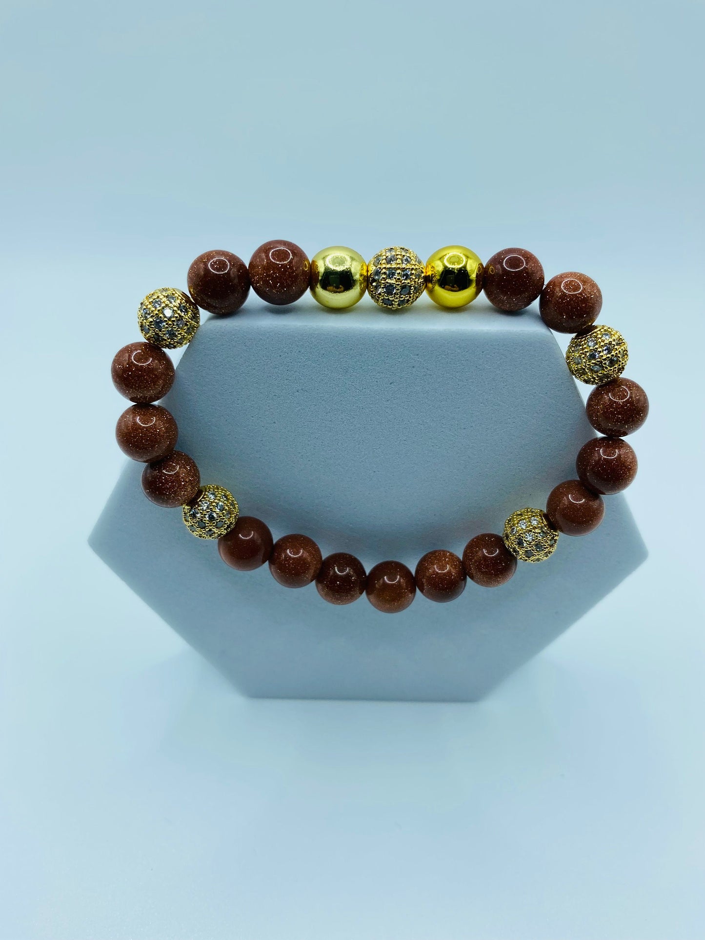 Goldstone Beaded Bracelet: 18k Gold Plated Hematite & CZ Crystals
