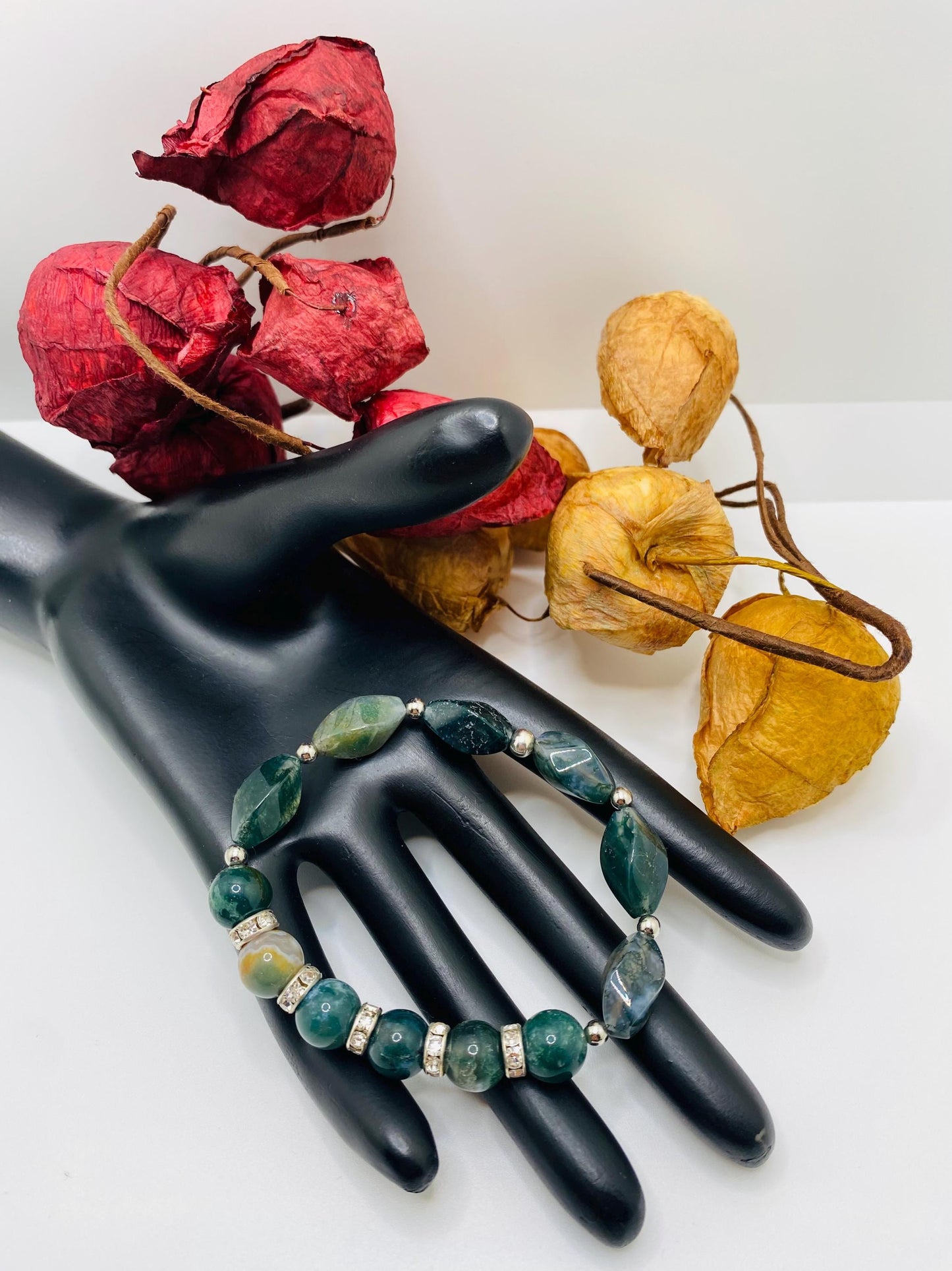 Moss Agate Beaded Bracelet: Gemstone Jewelry with Rhinestone Accents