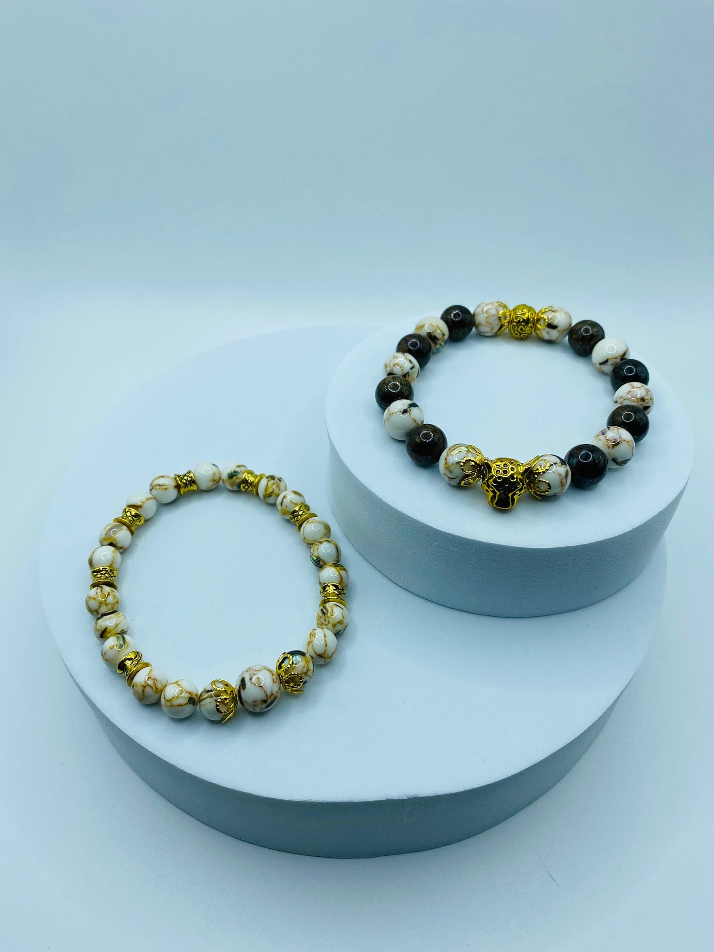 Leopard Charm Bracelet: Bronzite & White Shell Turquoise Gemstone Beads