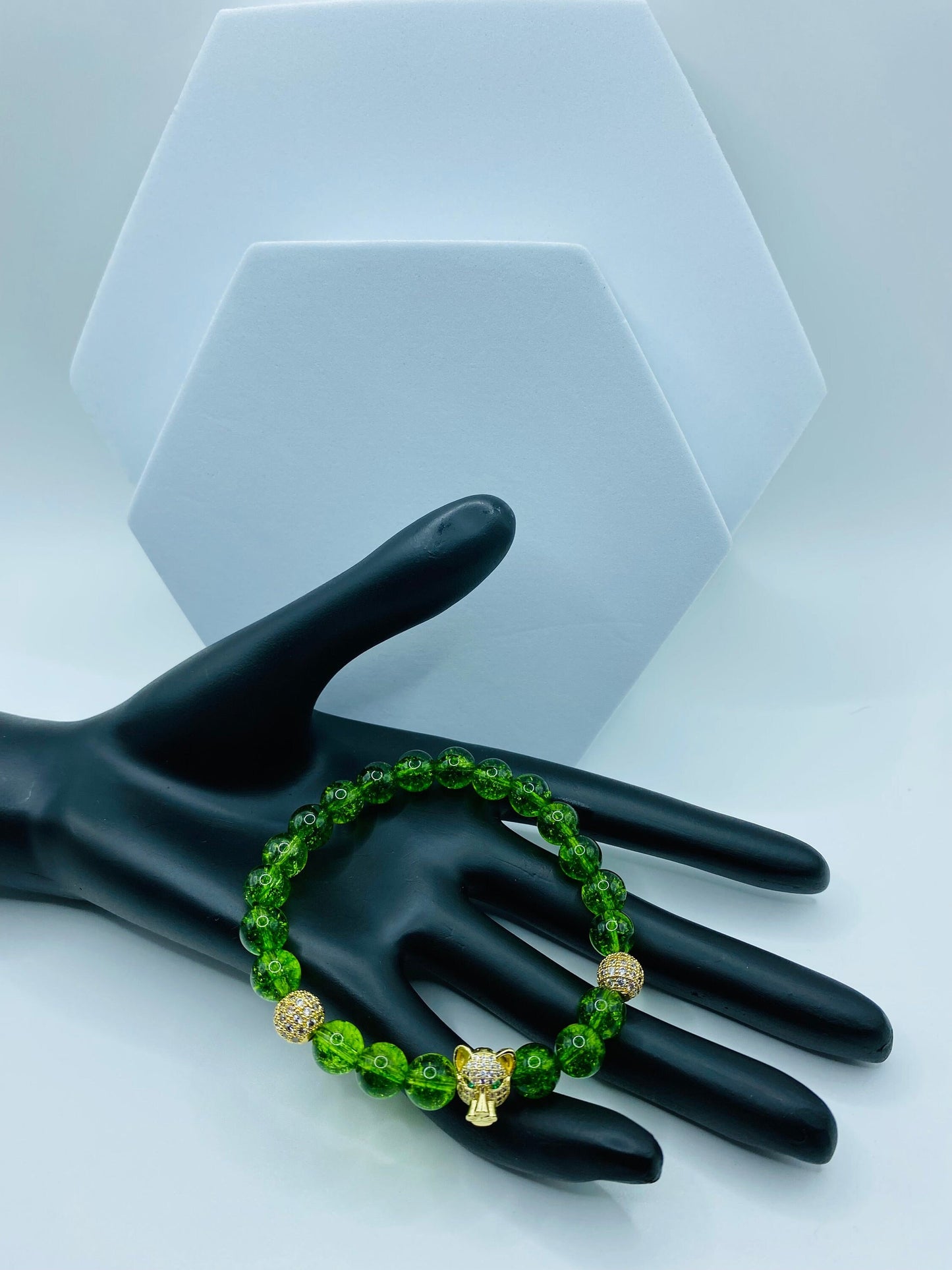 Mens Quartz Crystal Bracelet: Gold Tiger Charm, CZ Beads