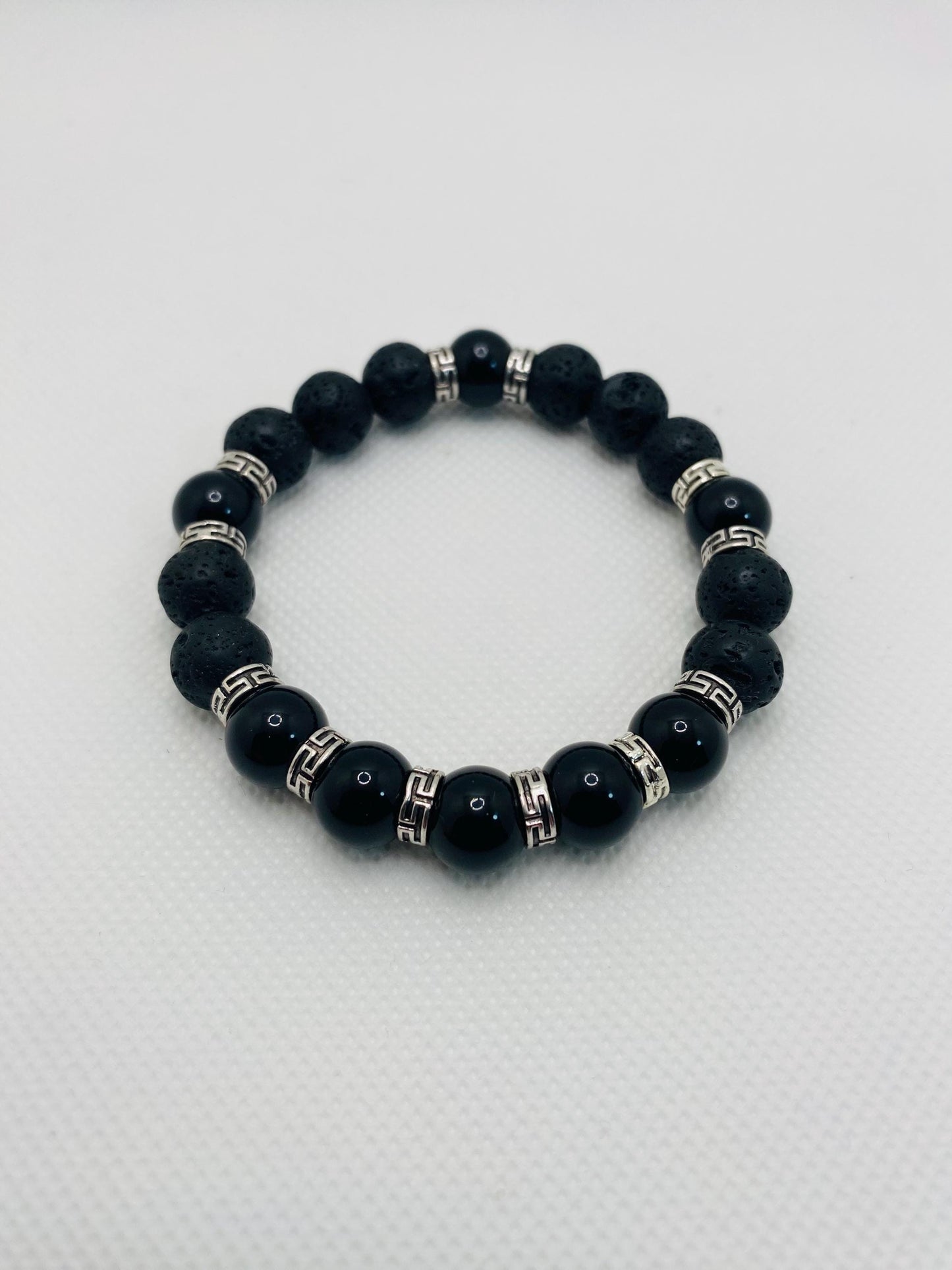 Black Onyx & Lava Rock Bracelet with Tibetan Spacers