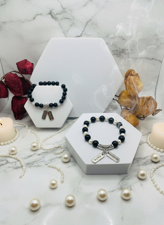 Obsidian & Pearl Charm Bracelet: Stainless Steel Inspirational Quotes