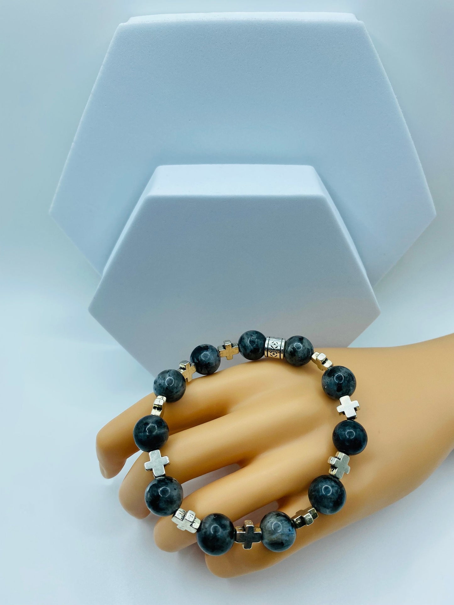 Mens Labradorite Beaded Bracelet with Silver Cross Charms