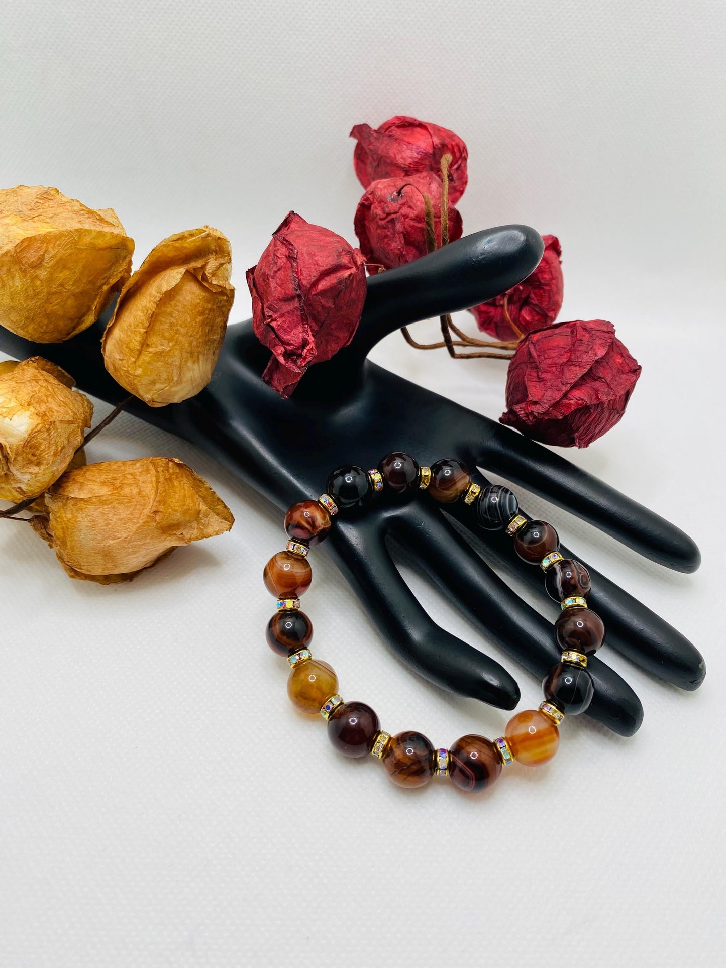 Red Dream Agate Gemstone Bracelet: Chunky Rhinestone Rondelle Jewelry