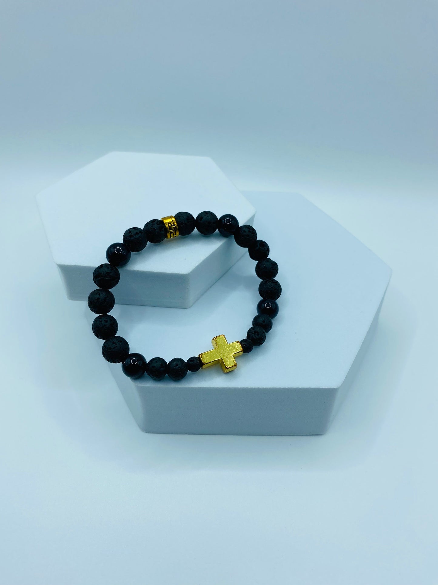 Gold Cross Lava Rock Bracelet: Black Onyx Gemstone Beads