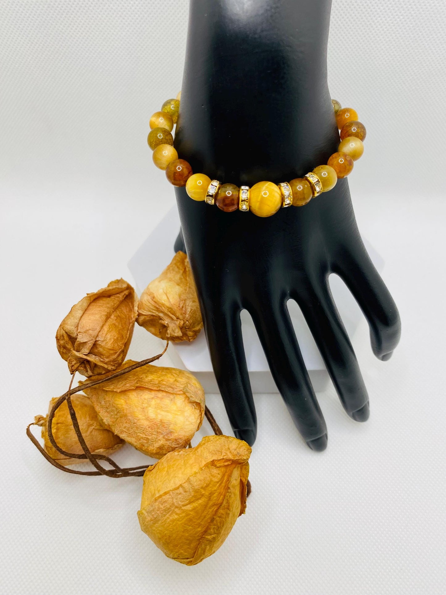 Tigers Eye & Agate Beaded Bracelet: Gold Rhinestone Spacers