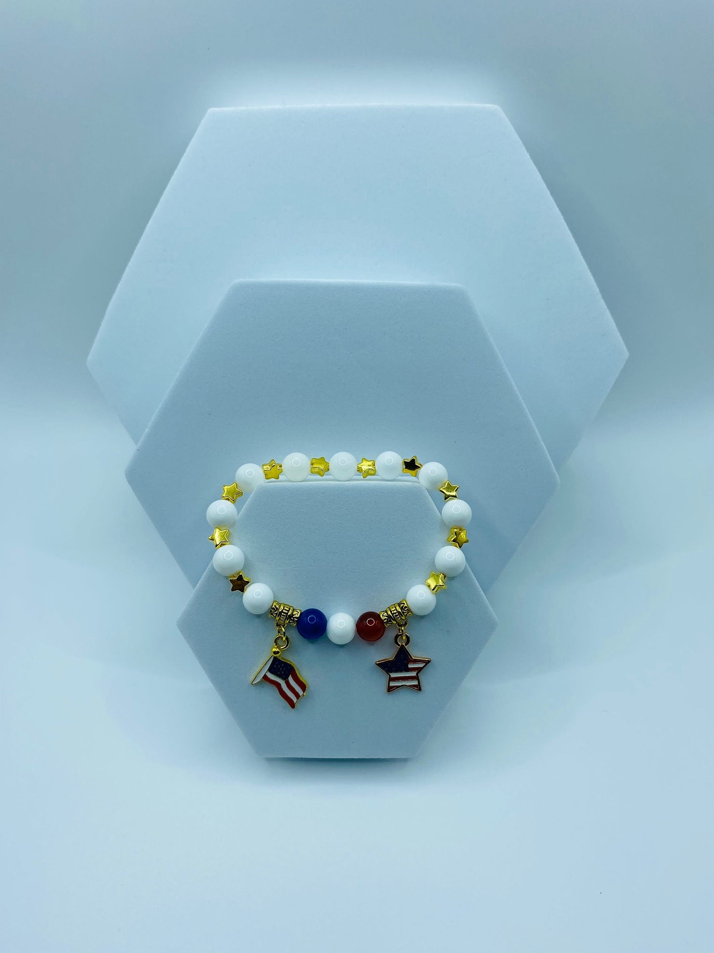 American Flag Charm Bracelet: Red Carnelian, Blue Agate, Mother of Pearl