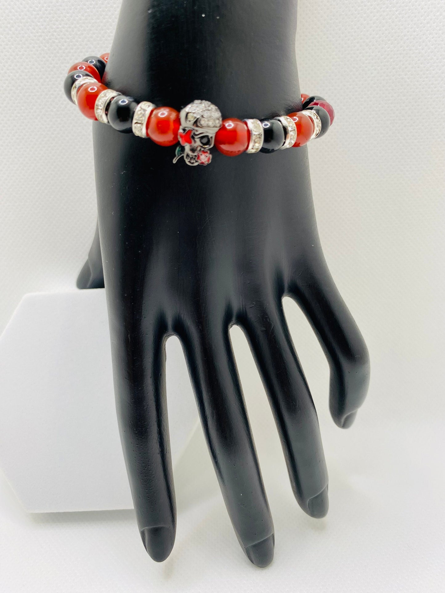 Sugar Skull Bracelet: Black Onyx, Red Carnelian, Rhinestone Rondelles