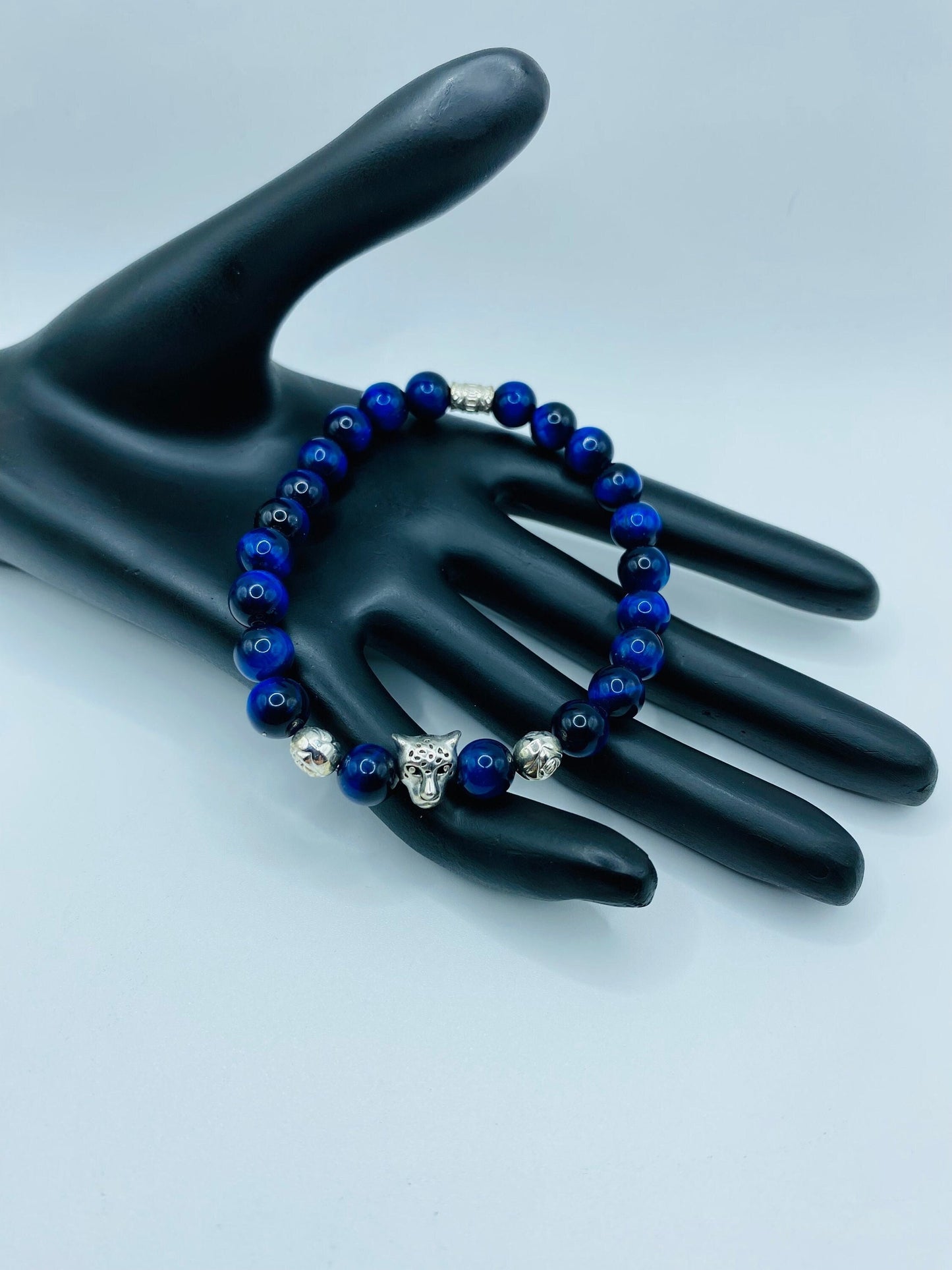 Blue Tiger's Eye Bracelet: Leopard Charm, Silver Beads