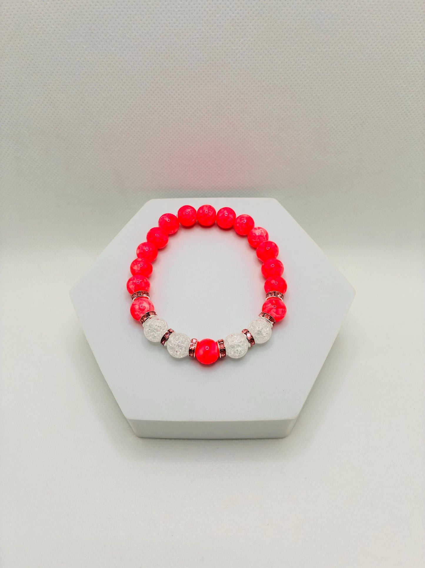 Hot Pink Crystal Glass Bead & Crackle Quartz Bracelet with Silverplated Pink Rhinestone Rondelles
