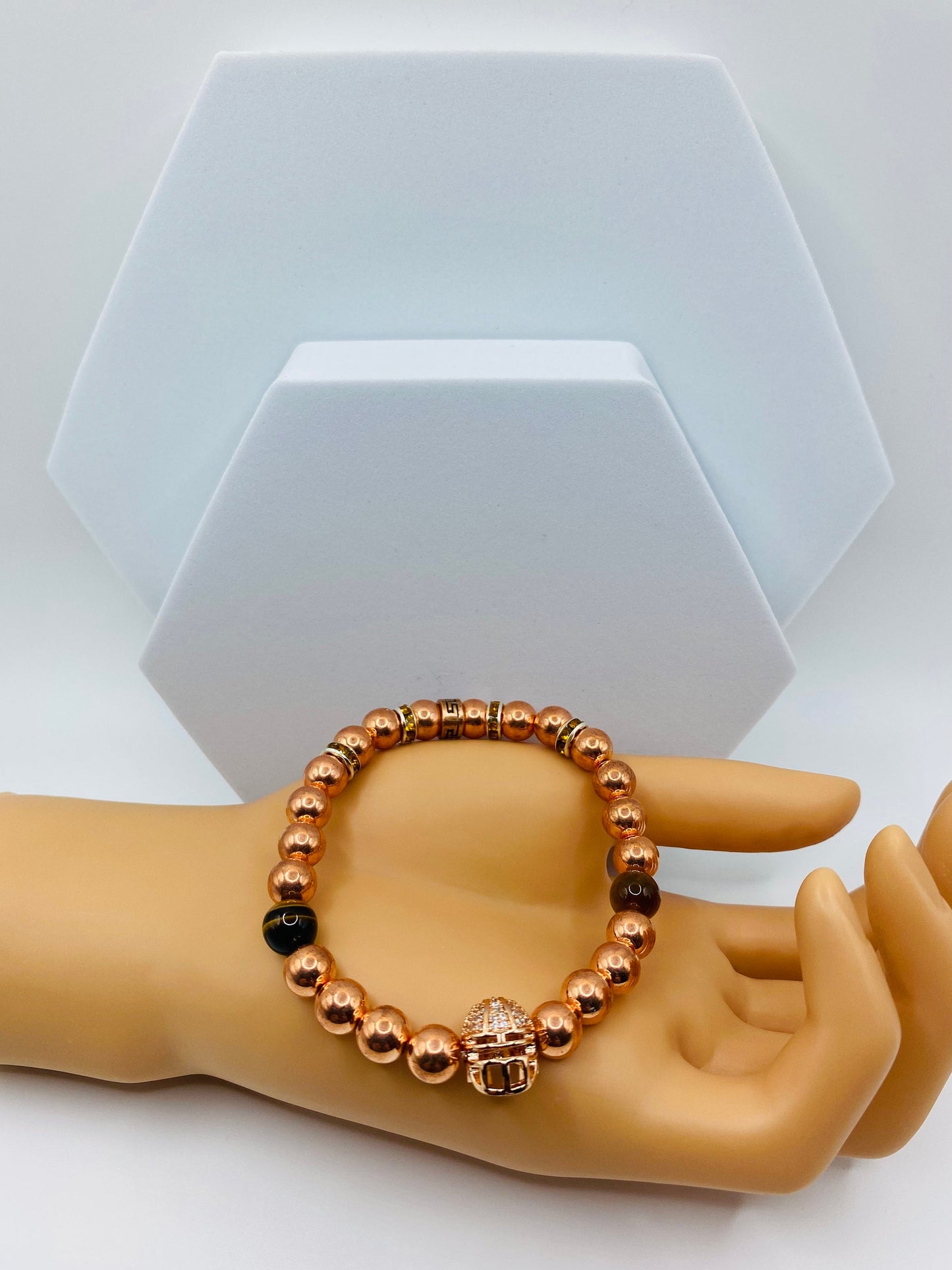 Rose Gold Hematite Bracelet: Spartan Helmet, Tiger's Eye Beads
