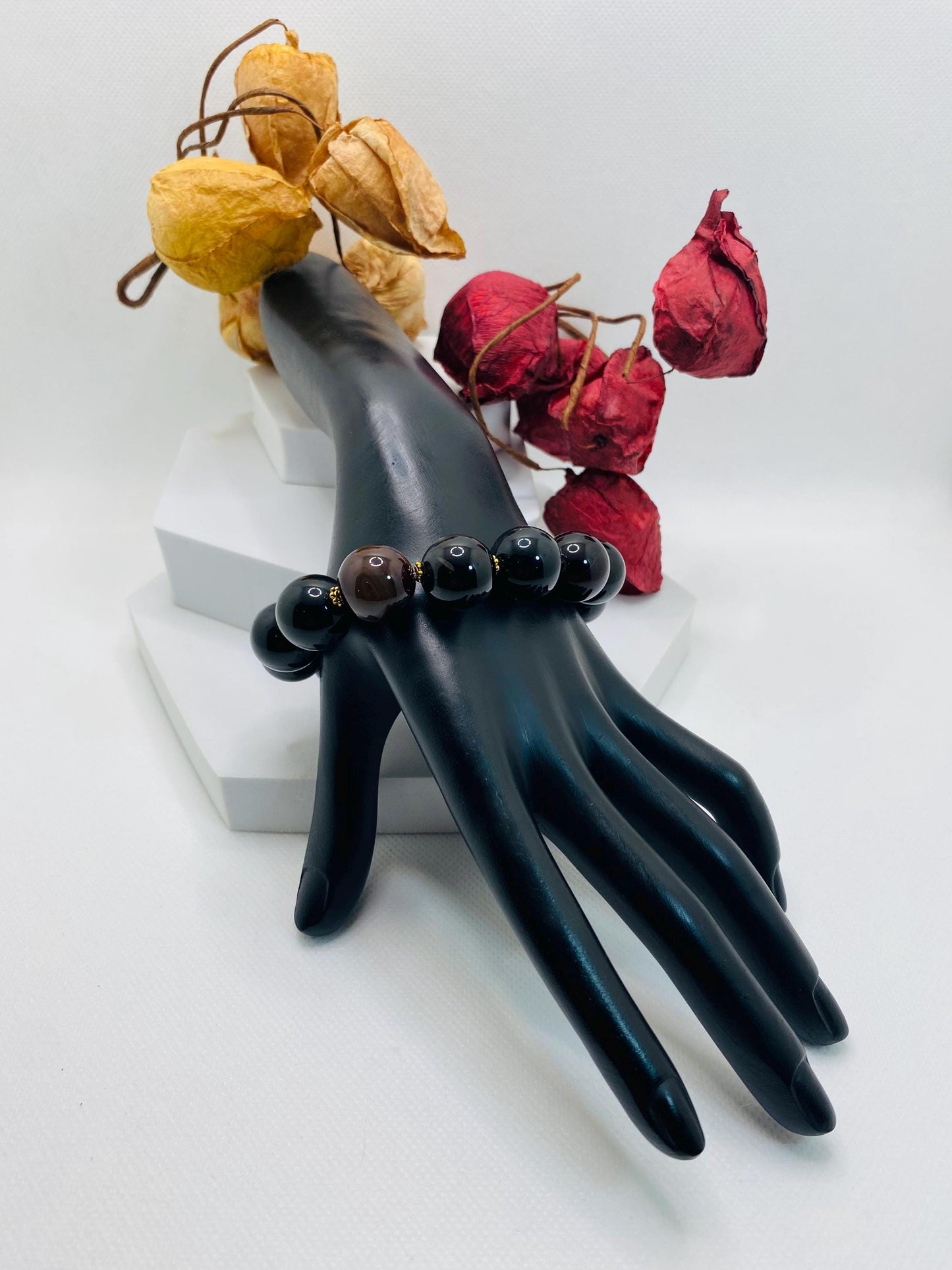 Handmade Obsidian & Agate Gemstone Bracelet with Golden Spacers