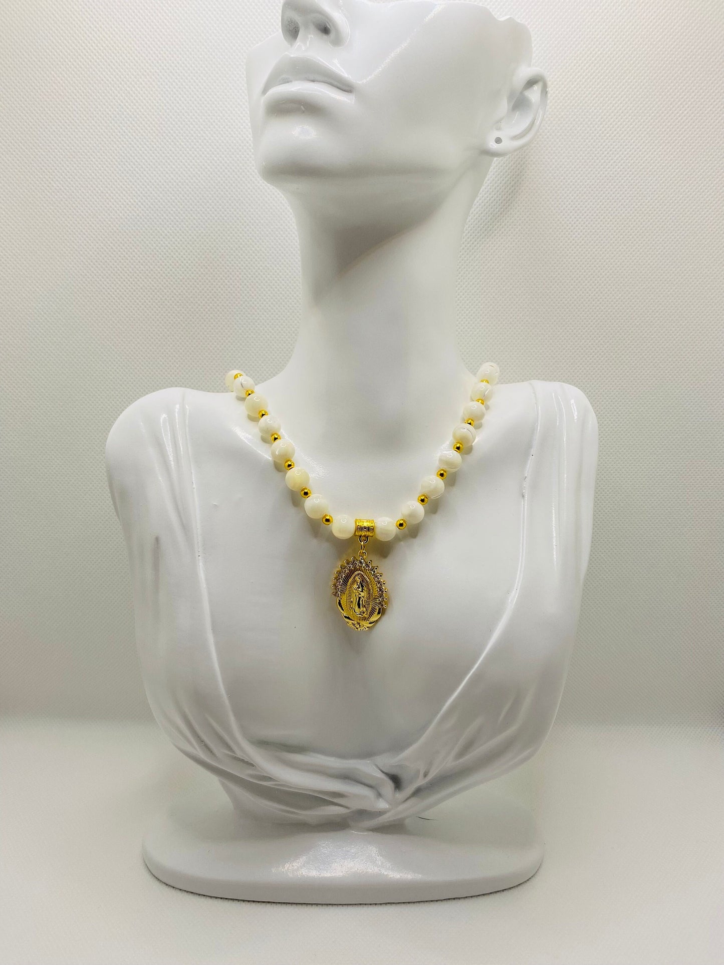 Mother of Pearl Necklace: Virgin Mary Pendant, Gold Stainless Steel