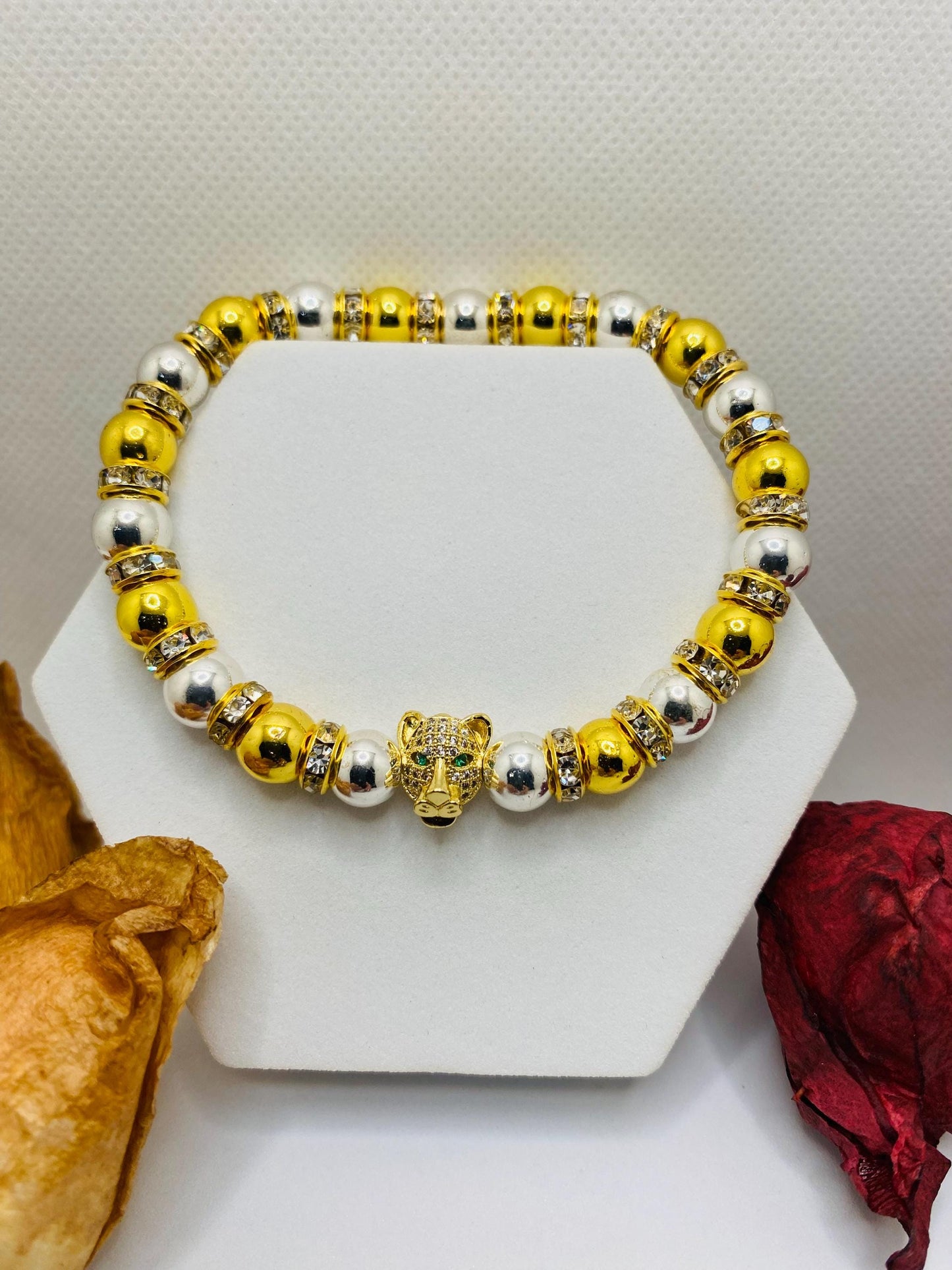 Tiger Charm Bracelet: Gold & Silver Hematite Beads, Cubic Zirconia